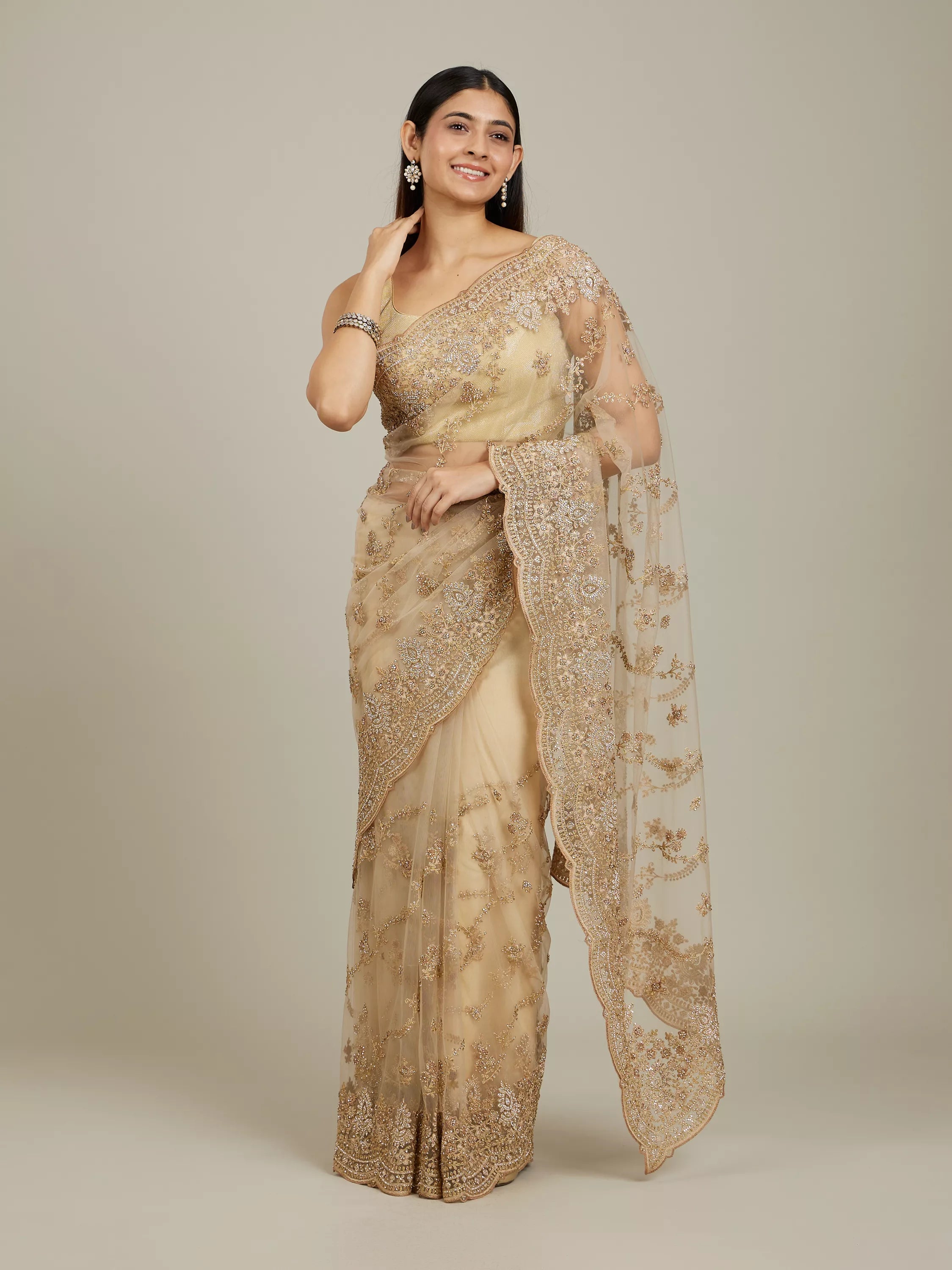 Warm Beige Bel Buti Patterned Stone Work Saree