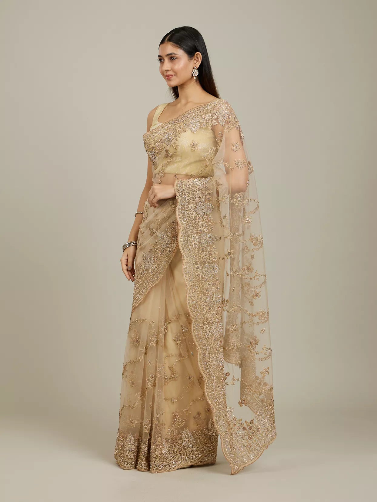 Warm Beige Bel Buti Patterned Stone Work Saree