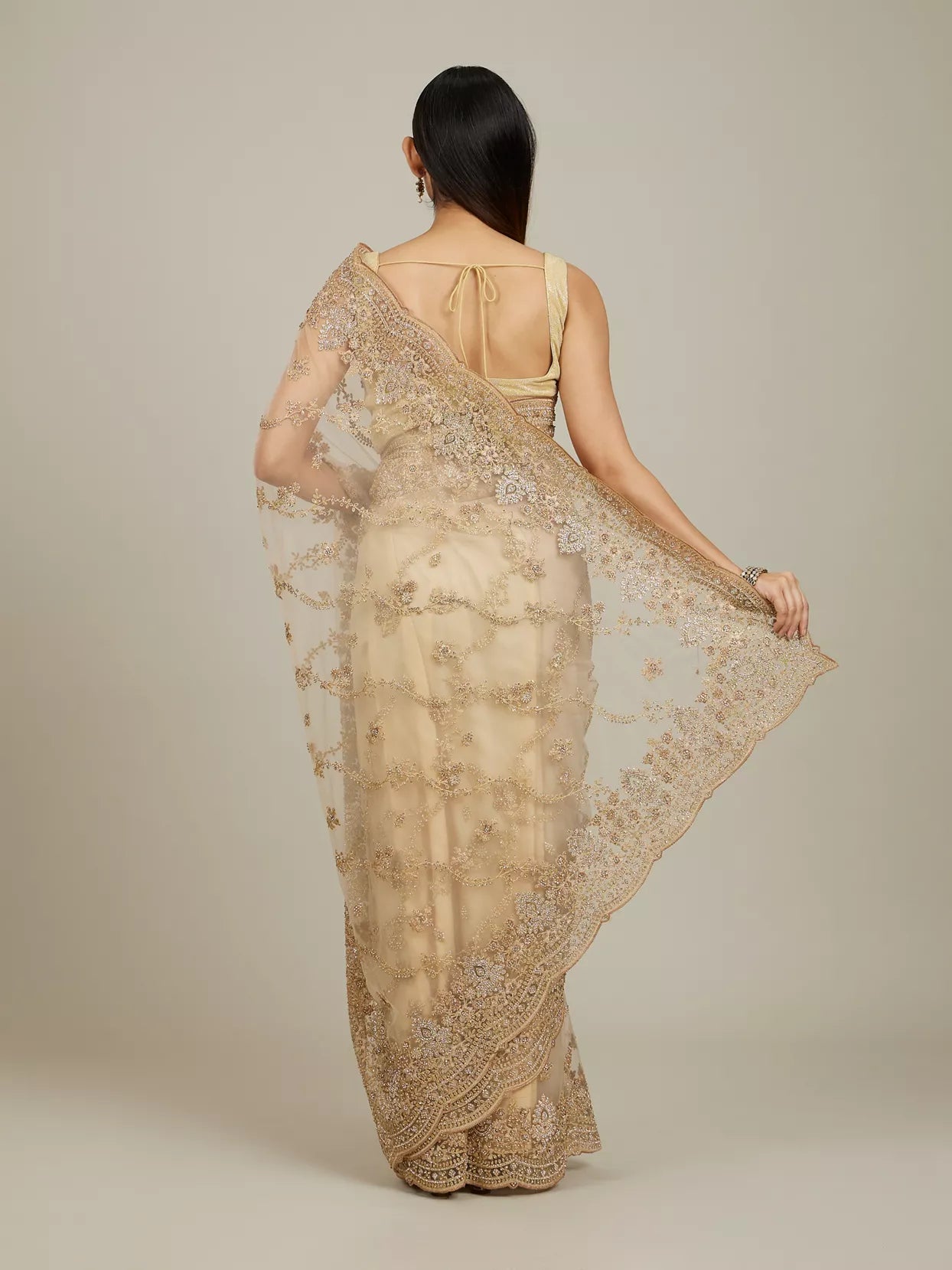 Warm Beige Bel Buti Patterned Stone Work Saree