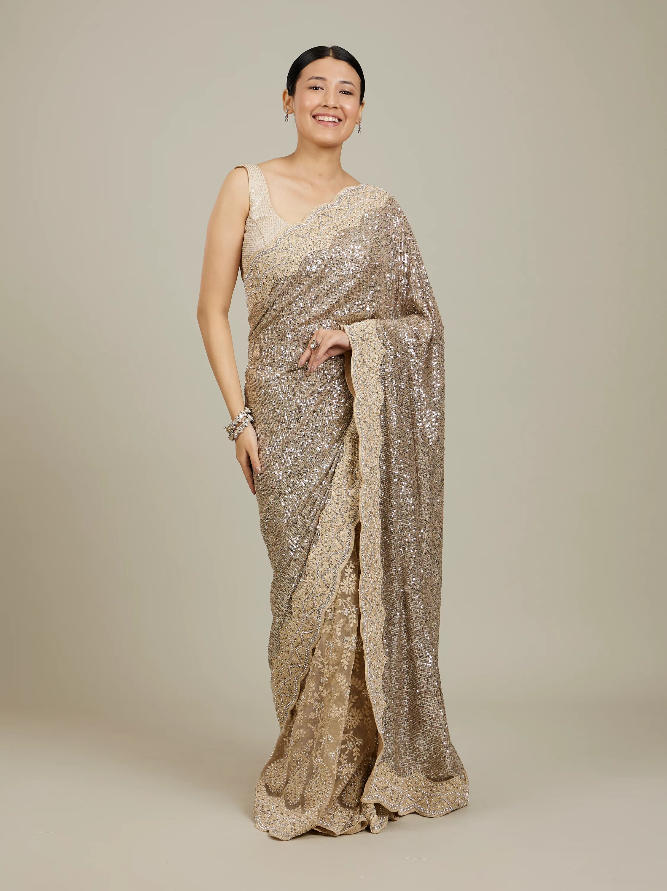 Sandstone Beige Rhinestone Work Saree