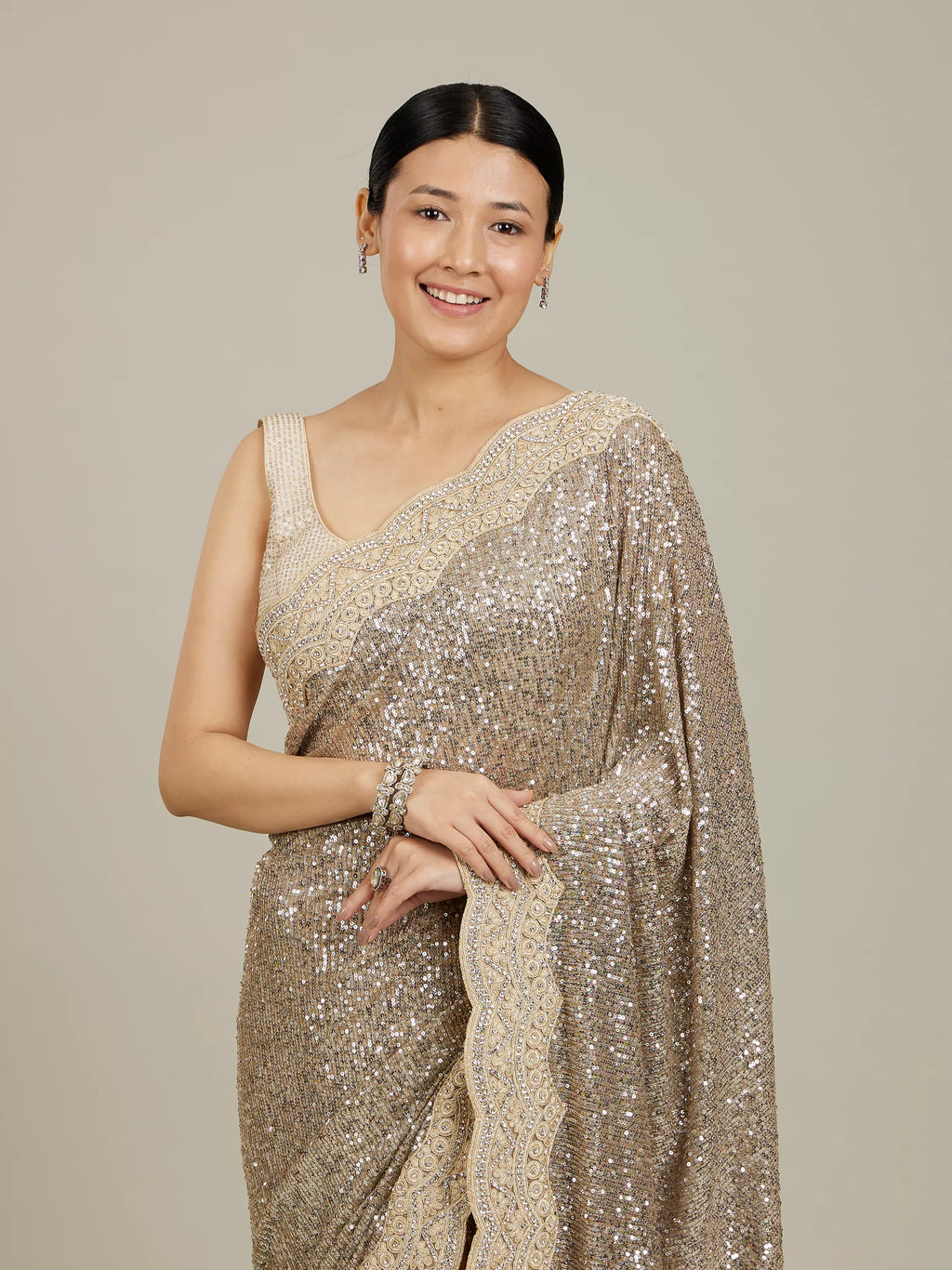 Sandstone Beige Rhinestone Work Saree