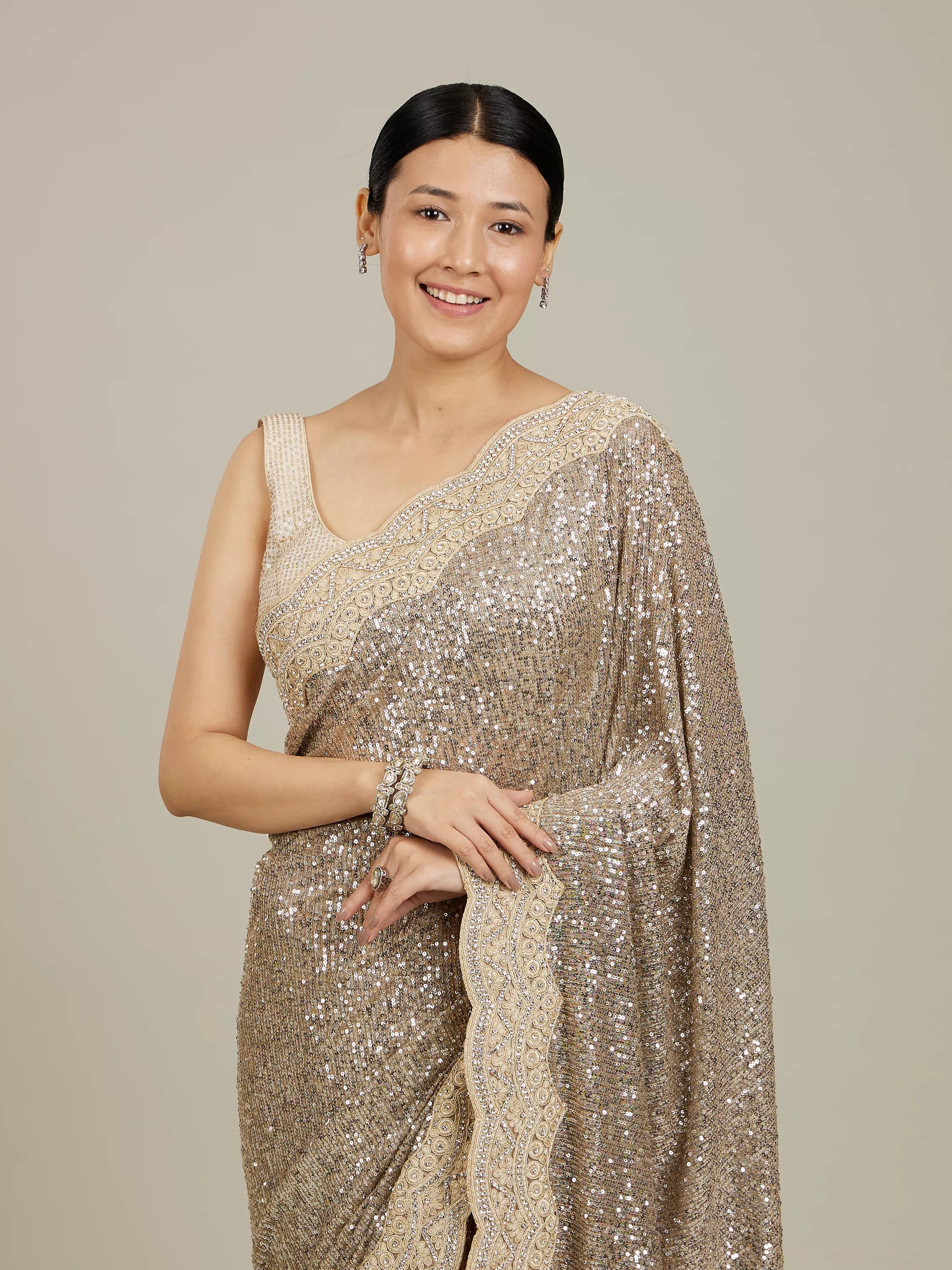 Sandstone Beige Rhinestone Work Saree