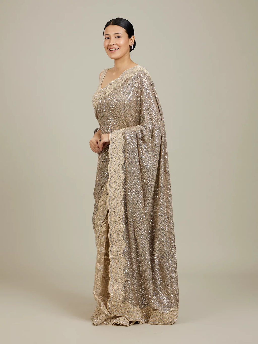 Sandstone Beige Rhinestone Work Saree