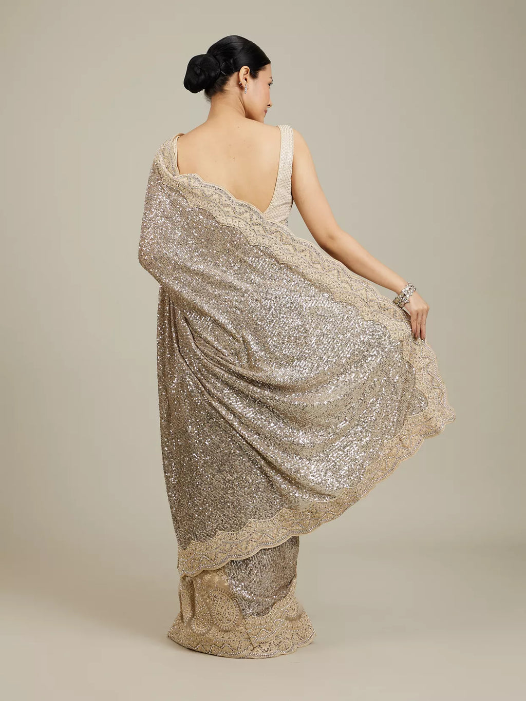 Sandstone Beige Rhinestone Work Saree