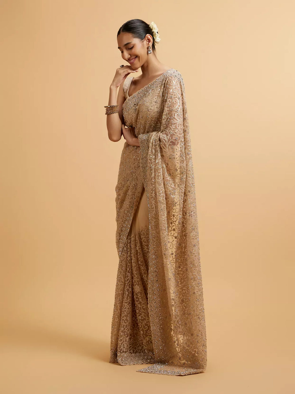 Beige Bel Buti Patterned Stone Embellished Saree