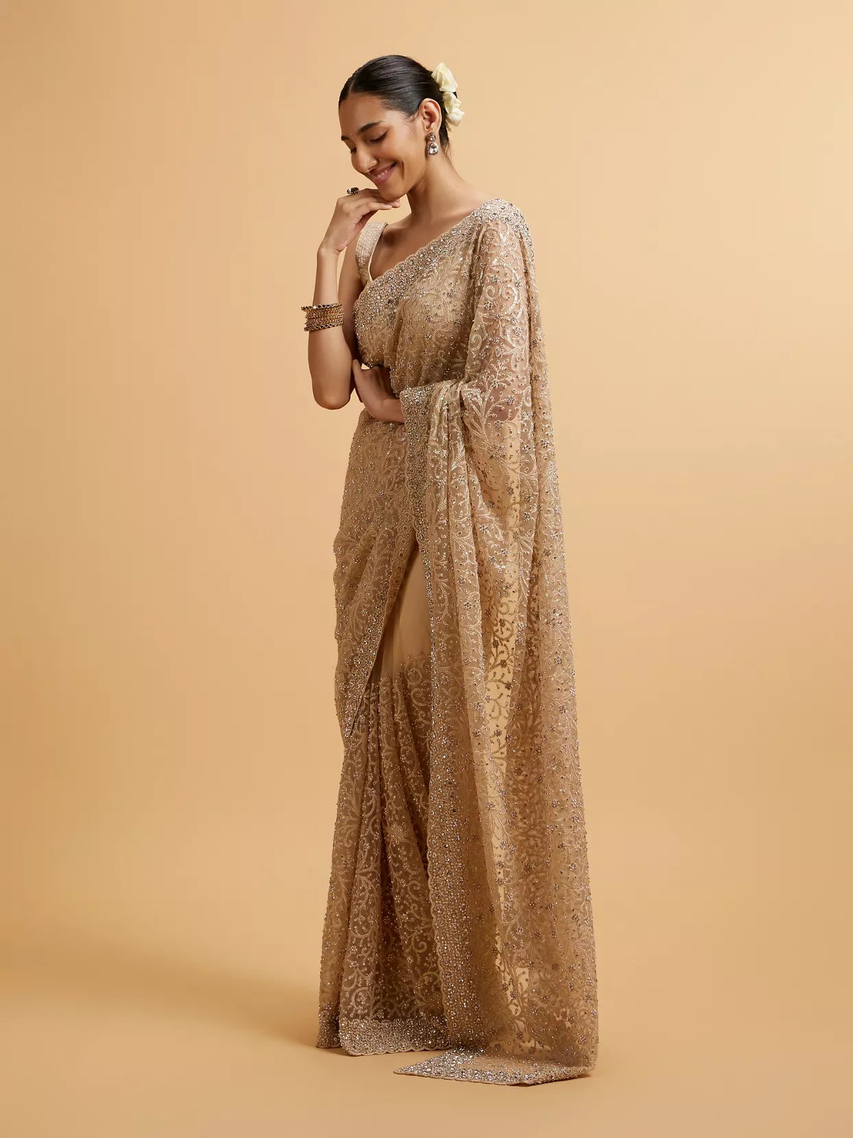 Beige Bel Buti Patterned Stone Embellished Saree