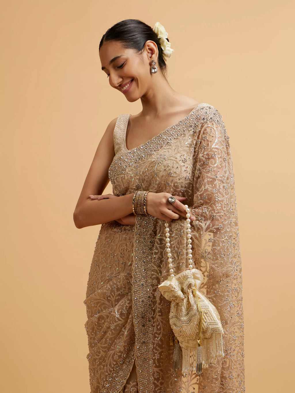 Beige Bel Buti Patterned Stone Embellished Saree