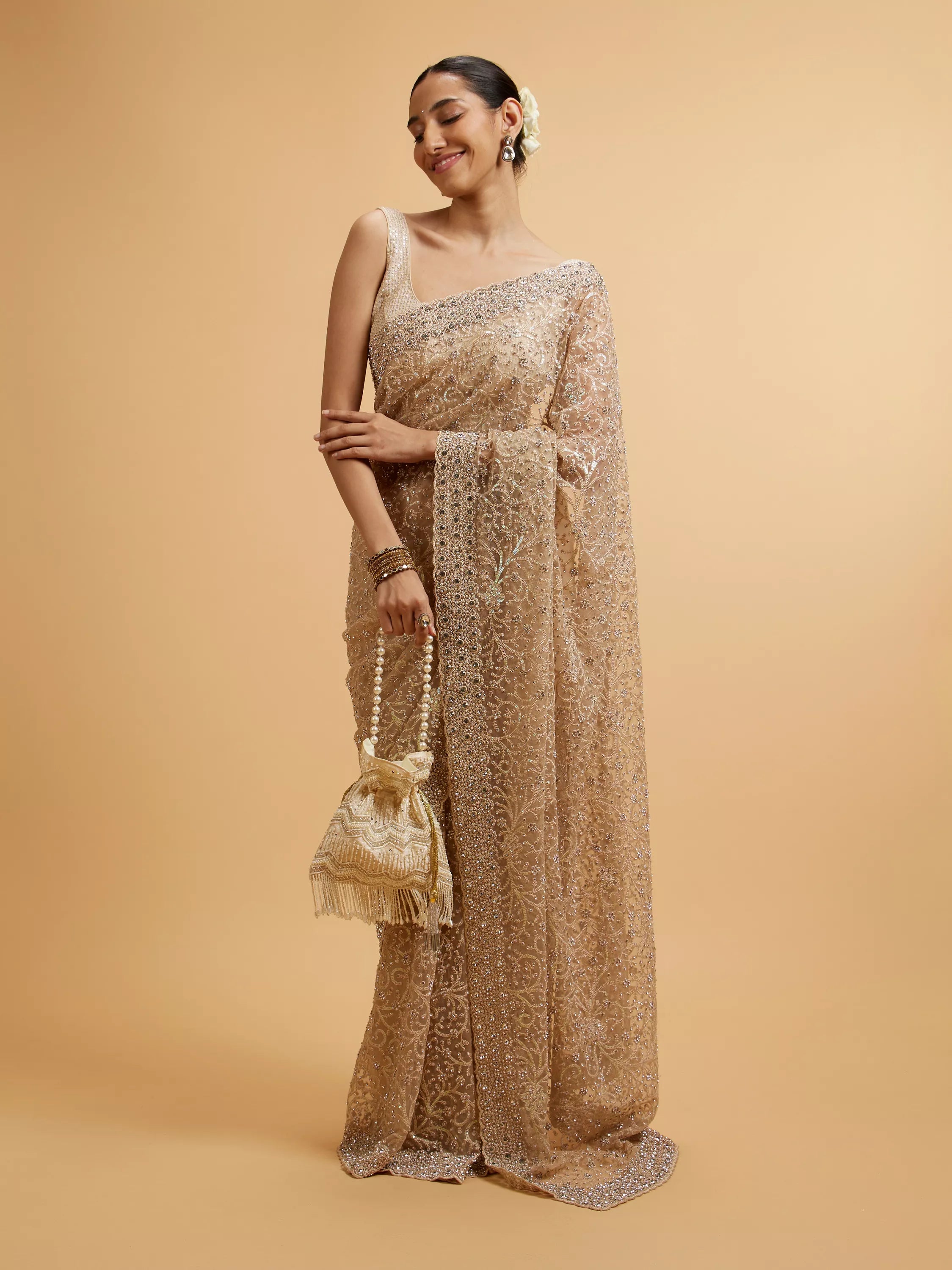 Beige Bel Buti Patterned Stone Embellished Saree