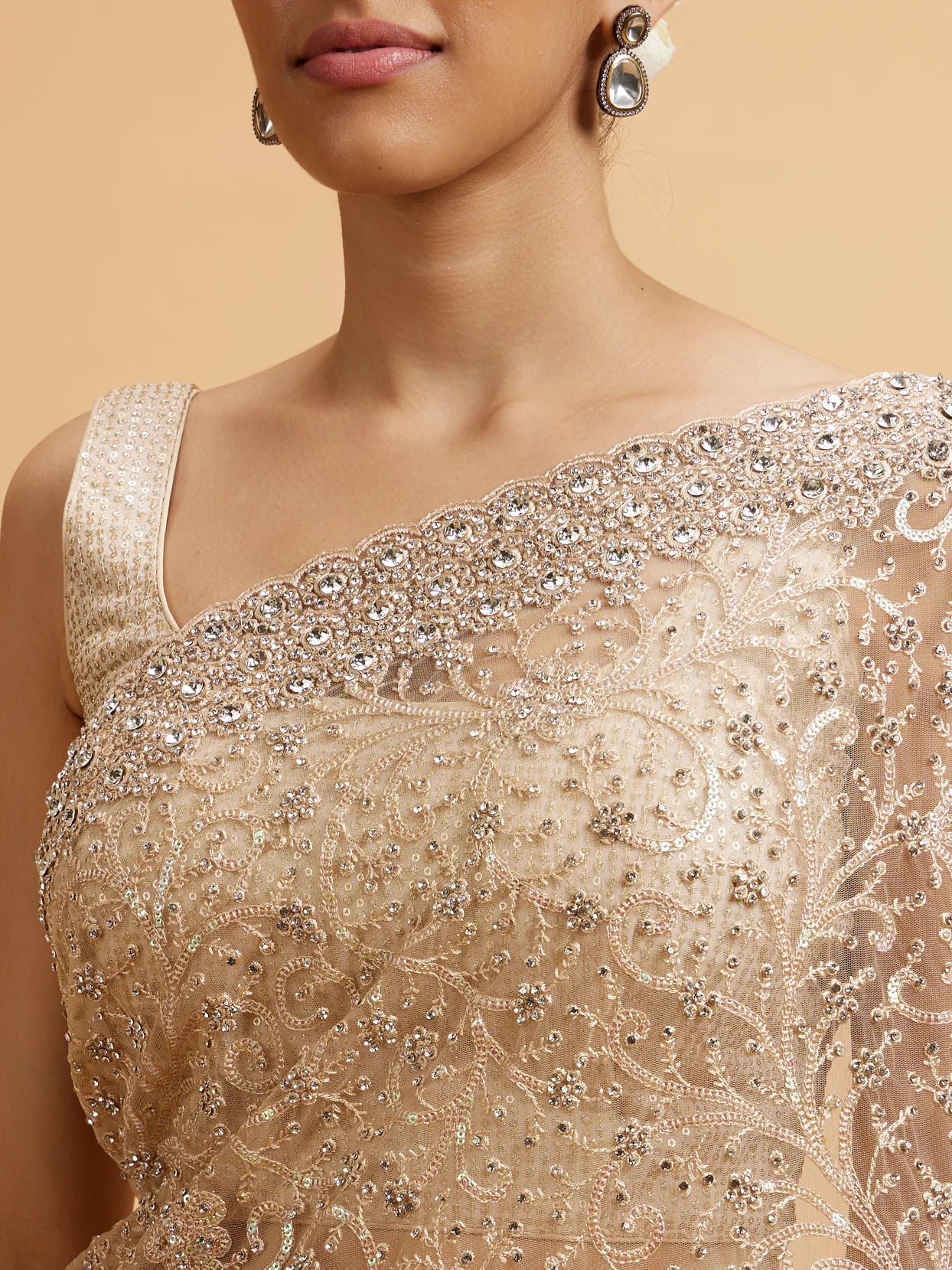 Beige Bel Buti Patterned Stone Embellished Saree