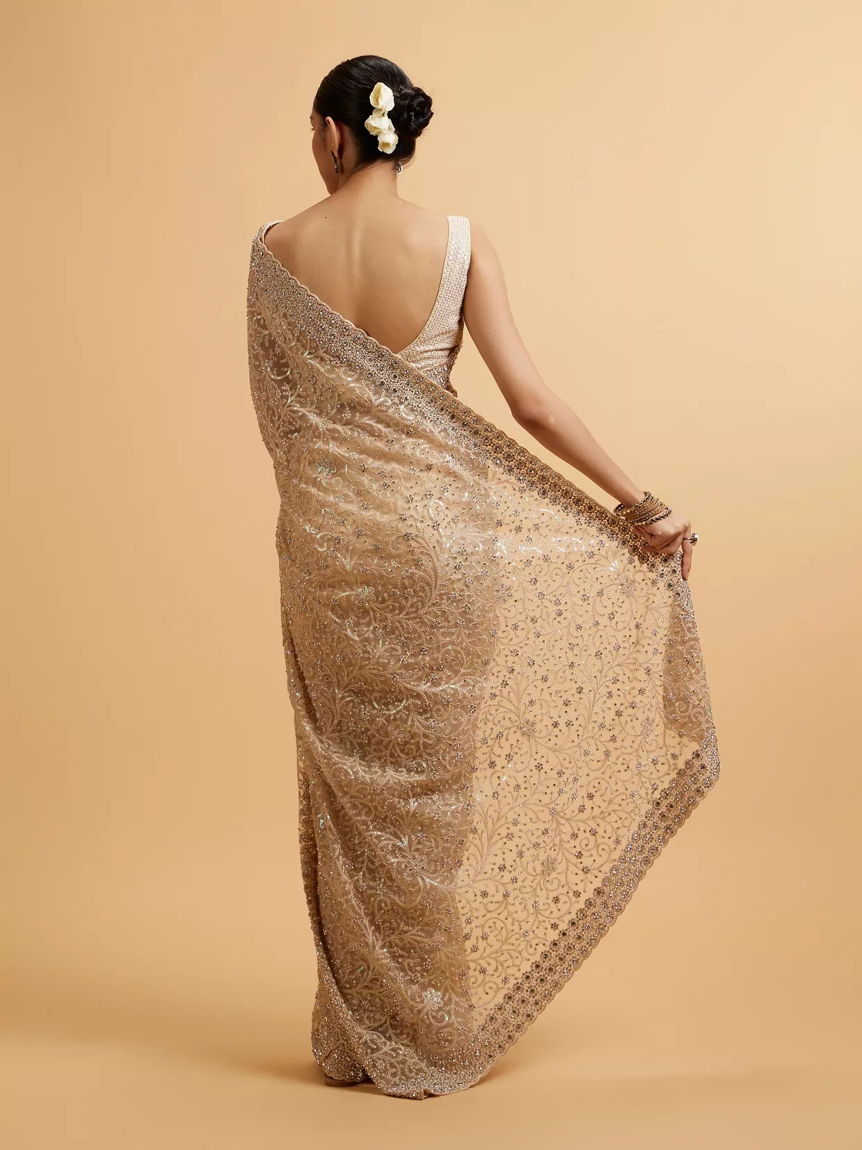 Beige Bel Buti Patterned Stone Embellished Saree