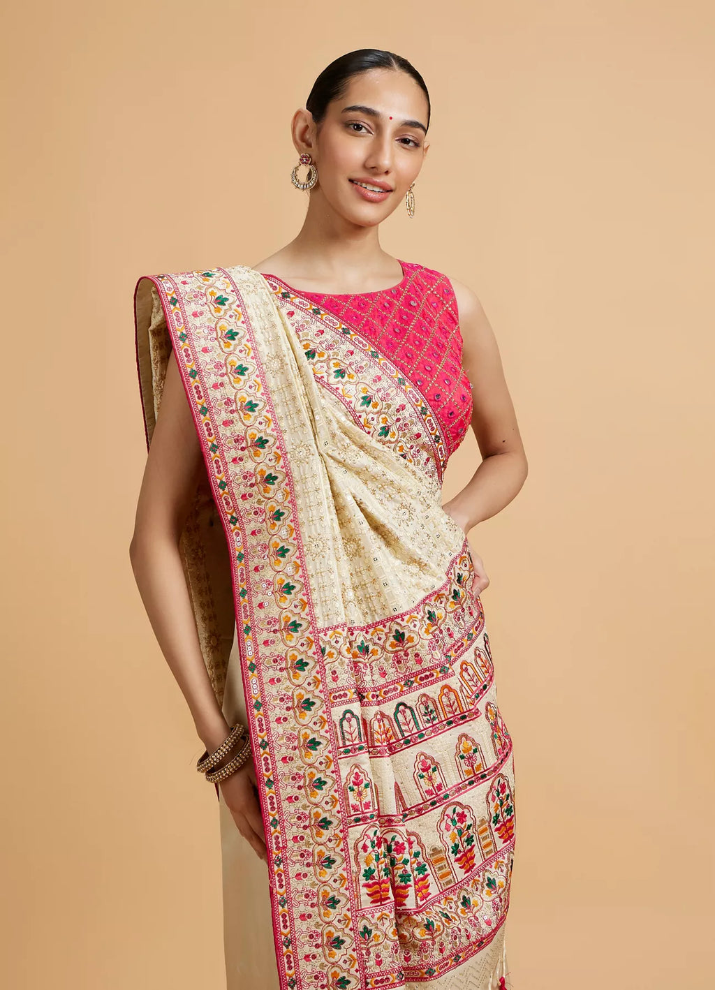 Cream Beige Floral Embroidered Saree
