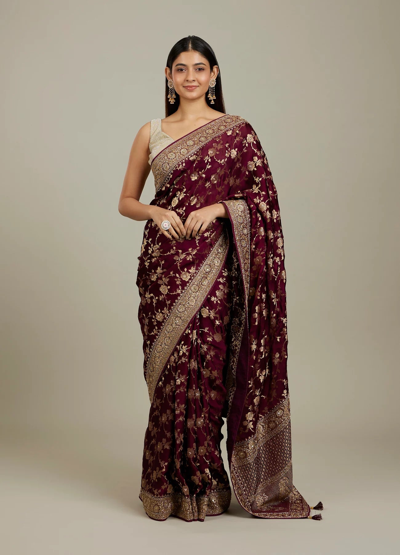 Ruby Red Floral Zari Work Bridal Saree
