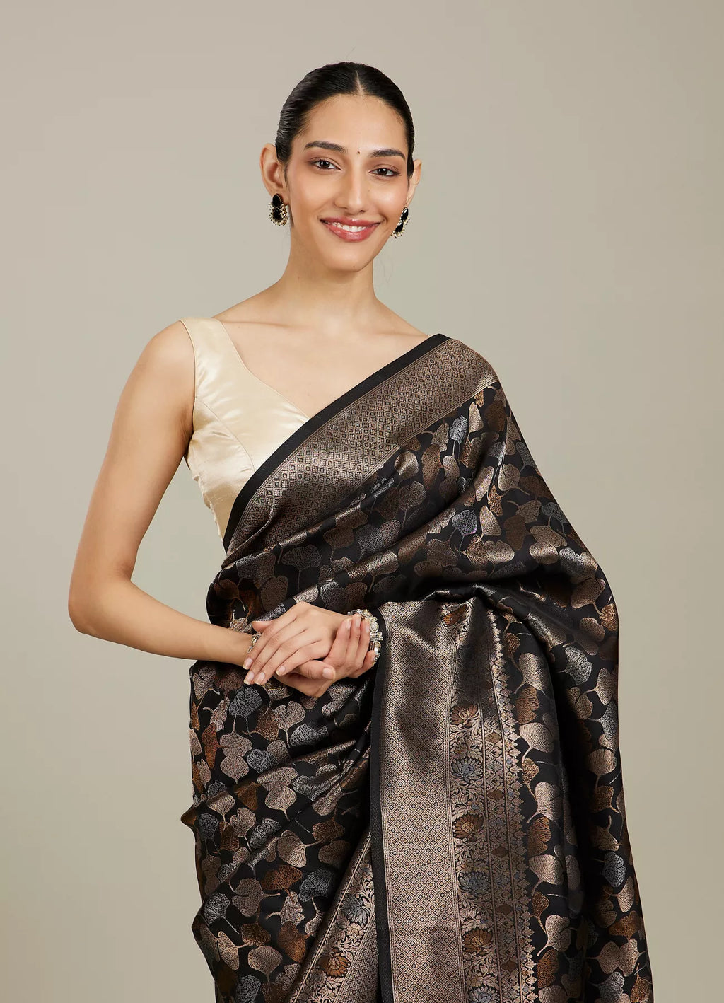 Midnight Black Lotus Leaf Patterned Saree