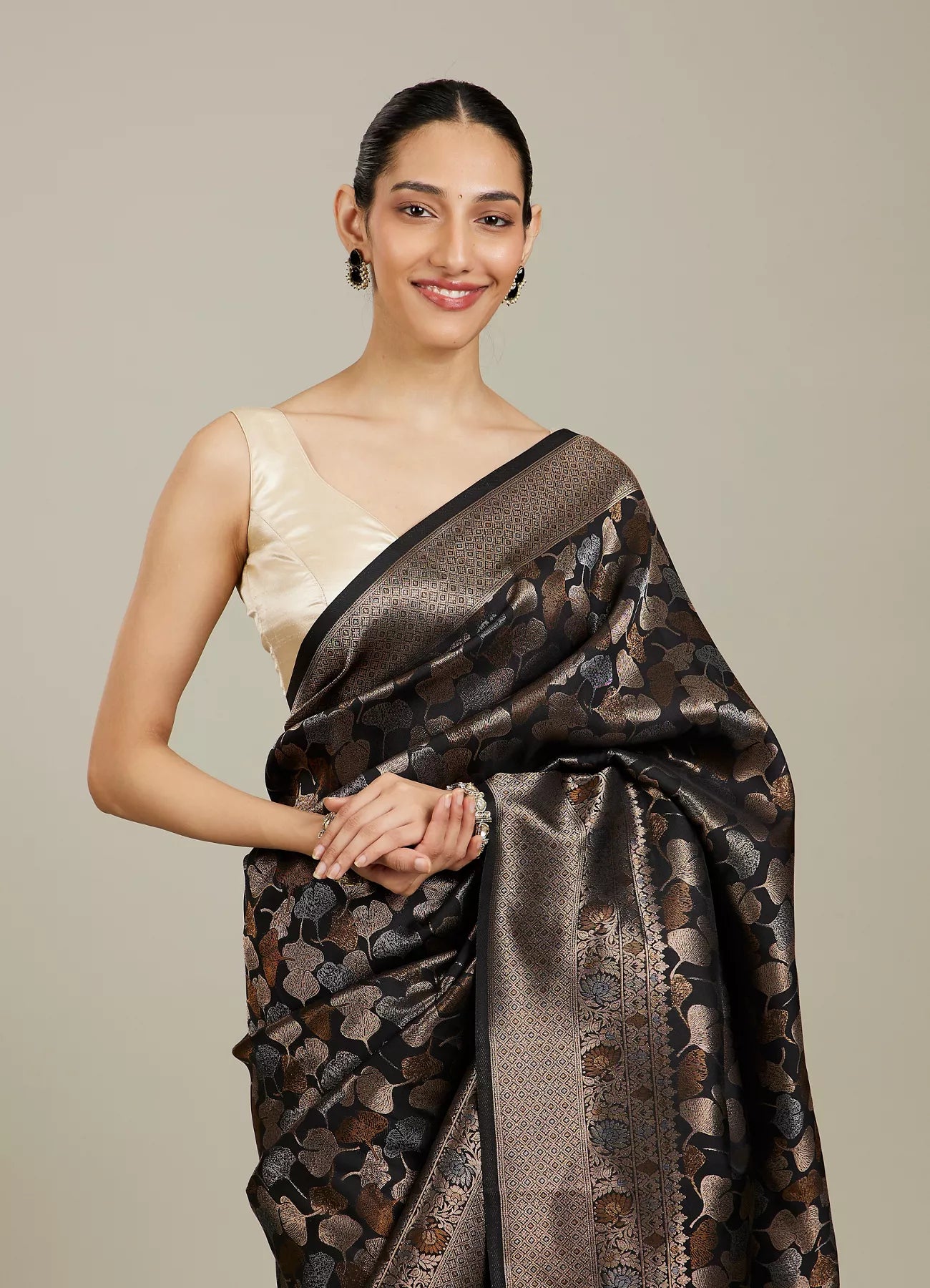 Midnight Black Lotus Leaf Patterned Saree