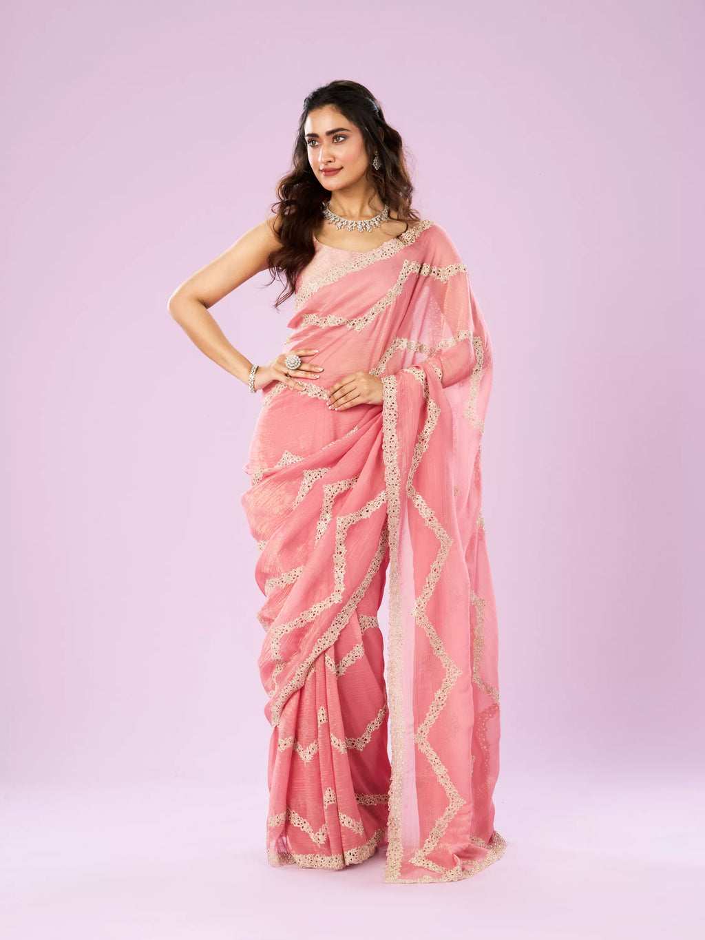 Charming Pink Chinon Saree