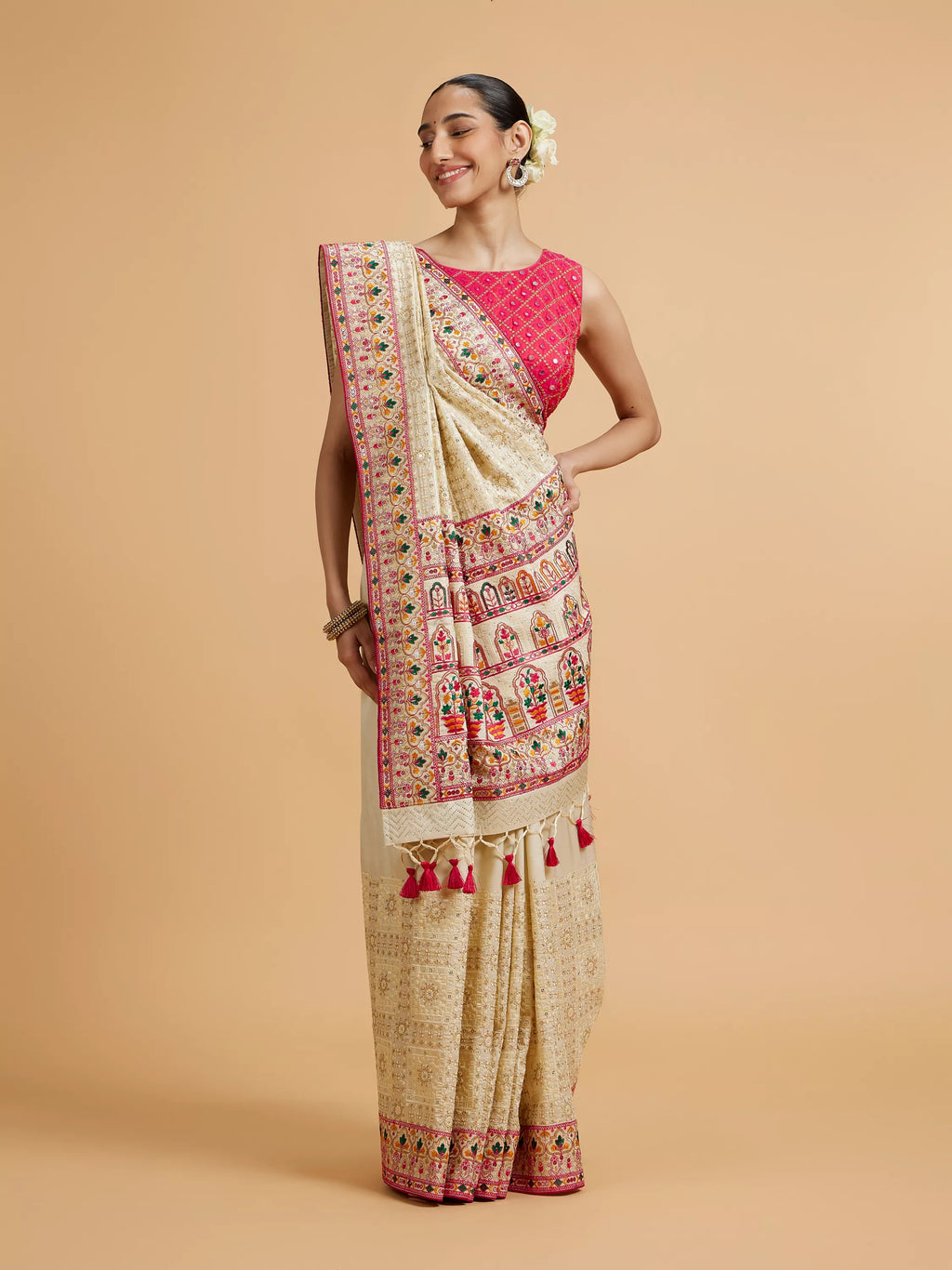 Cream Beige Floral Embroidered Saree