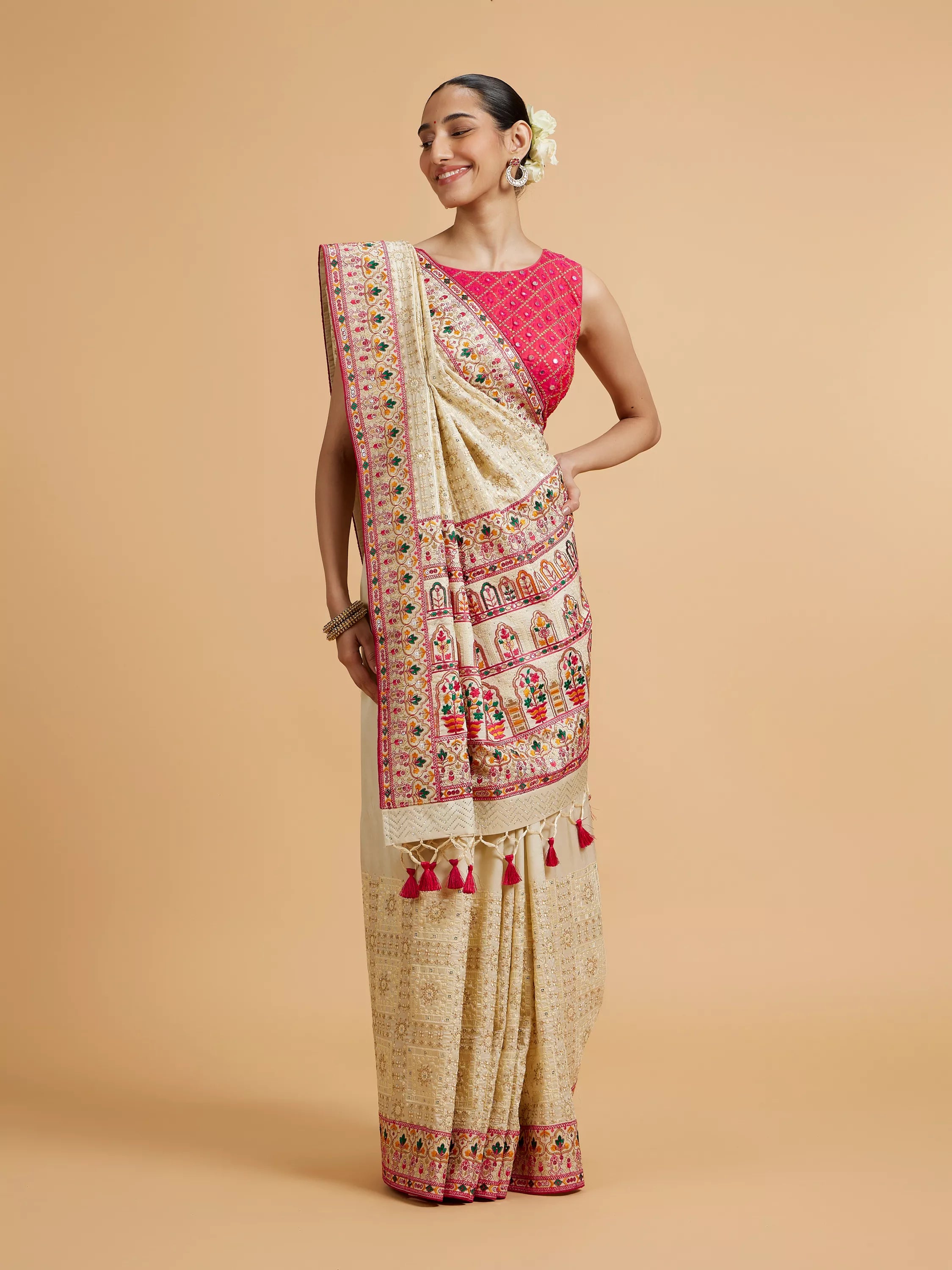 Cream Beige Floral Embroidered Saree