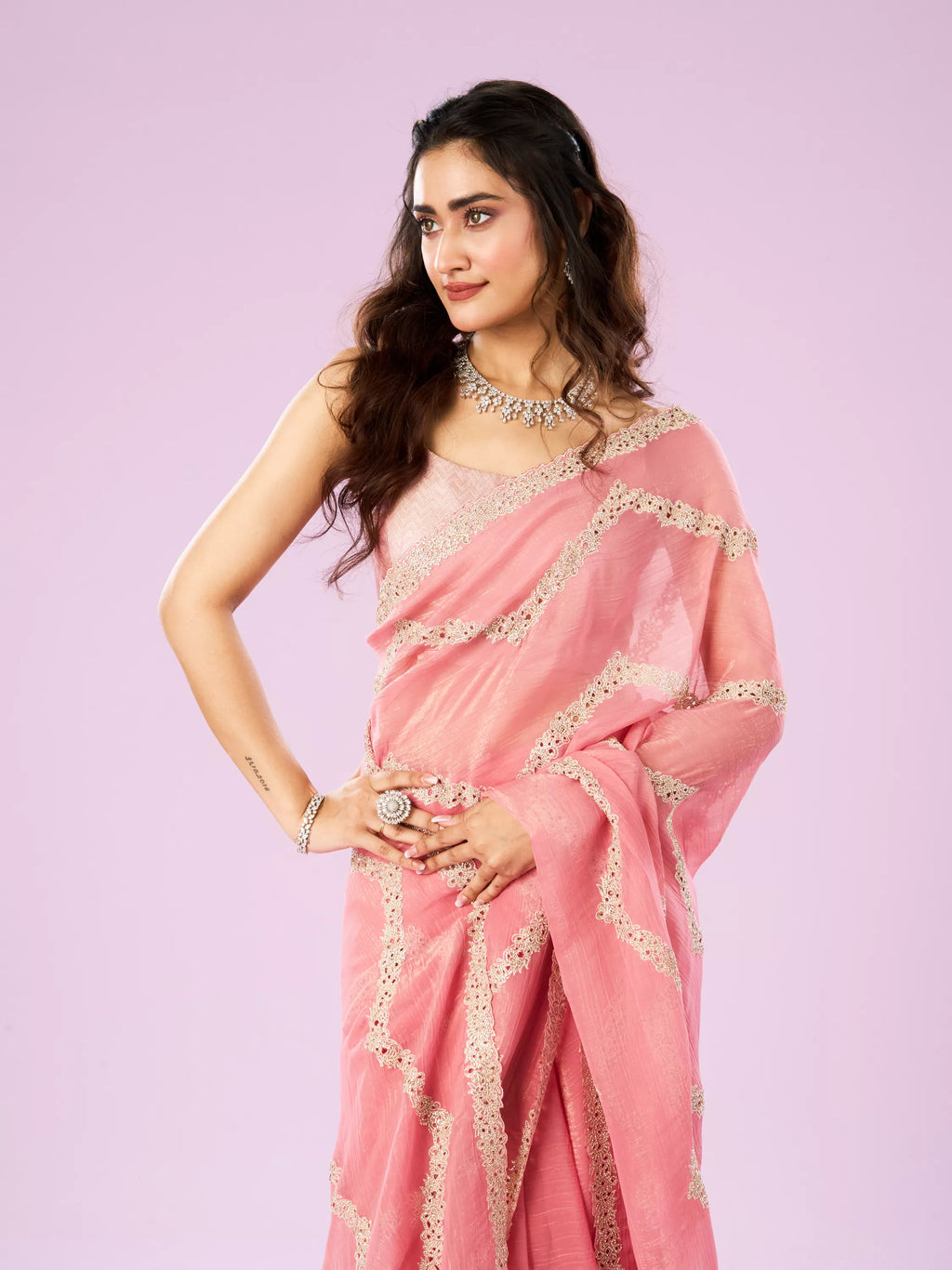 Charming Pink Chinon Saree
