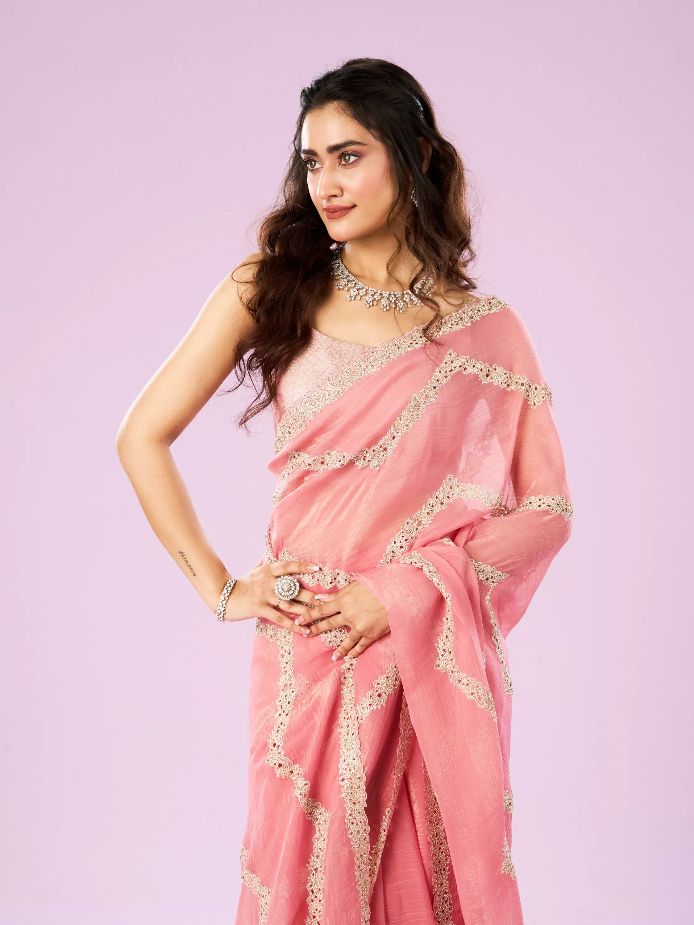 Charming Pink Chinon Saree