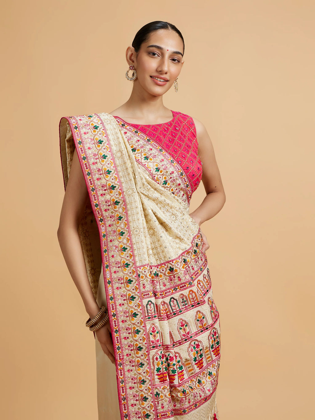 Cream Beige Floral Embroidered Saree