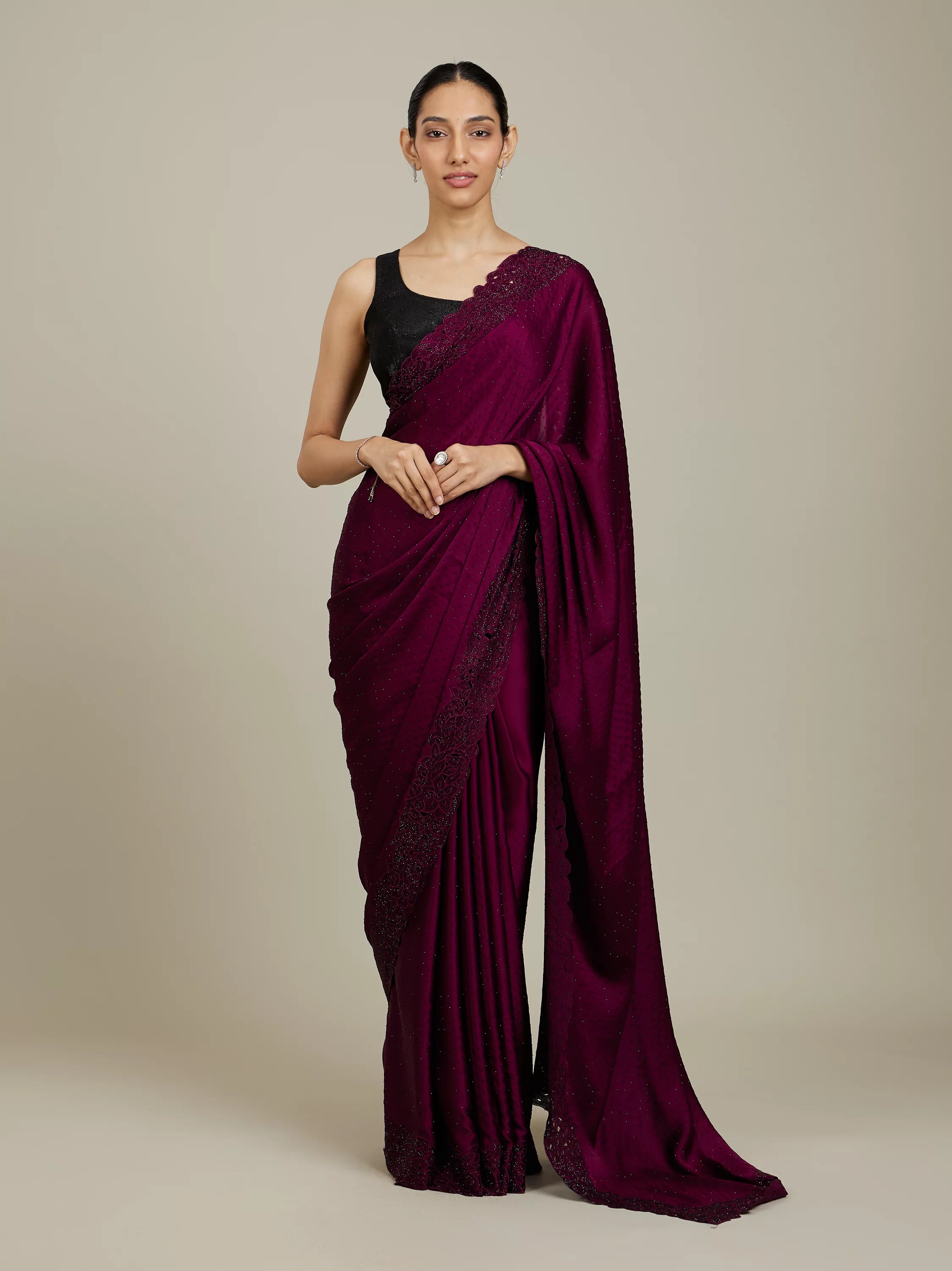 Raspberry Wine Floral Patterned Stone Work Saree