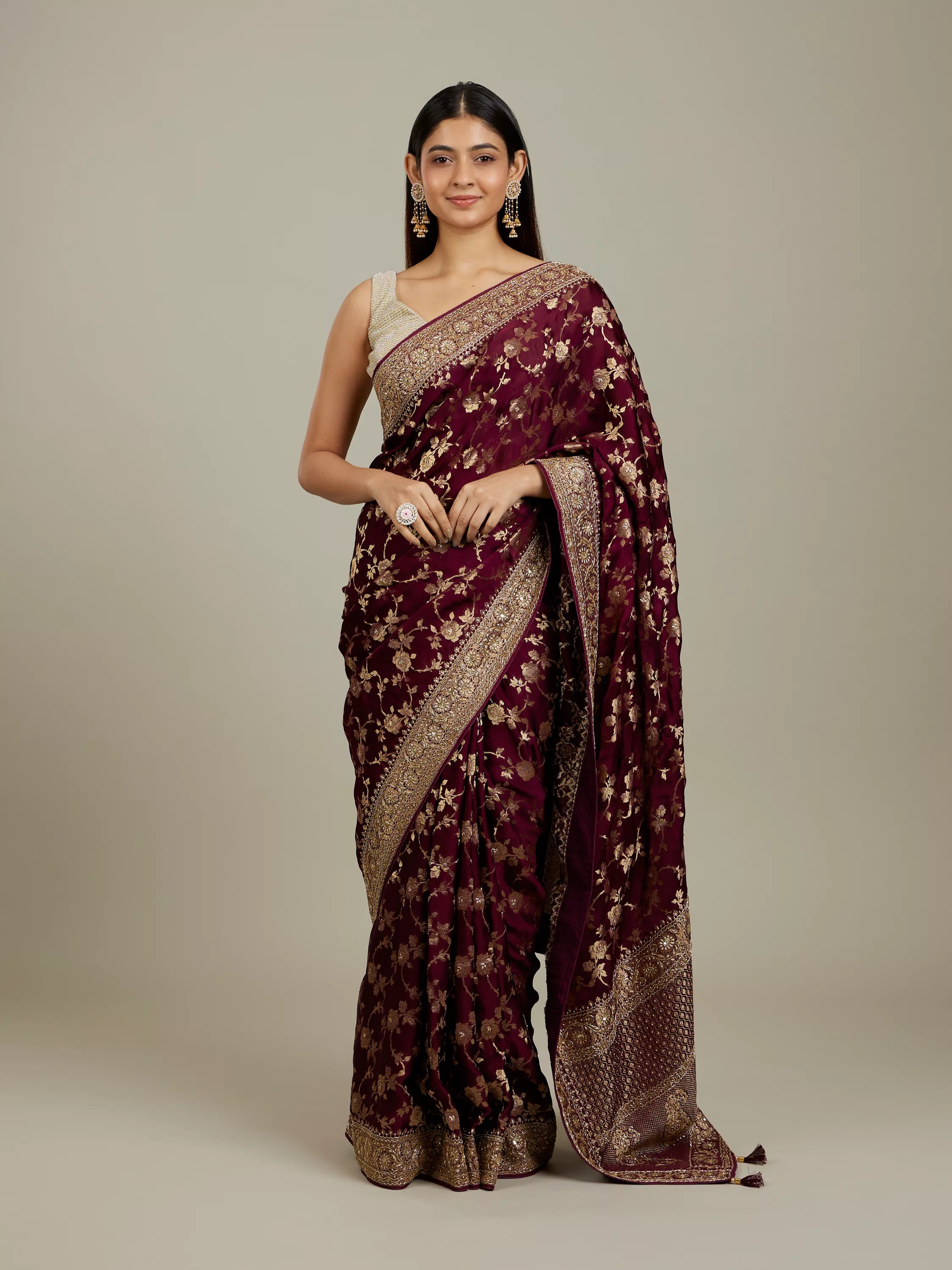 Ruby Red Floral Zari Work Bridal Saree
