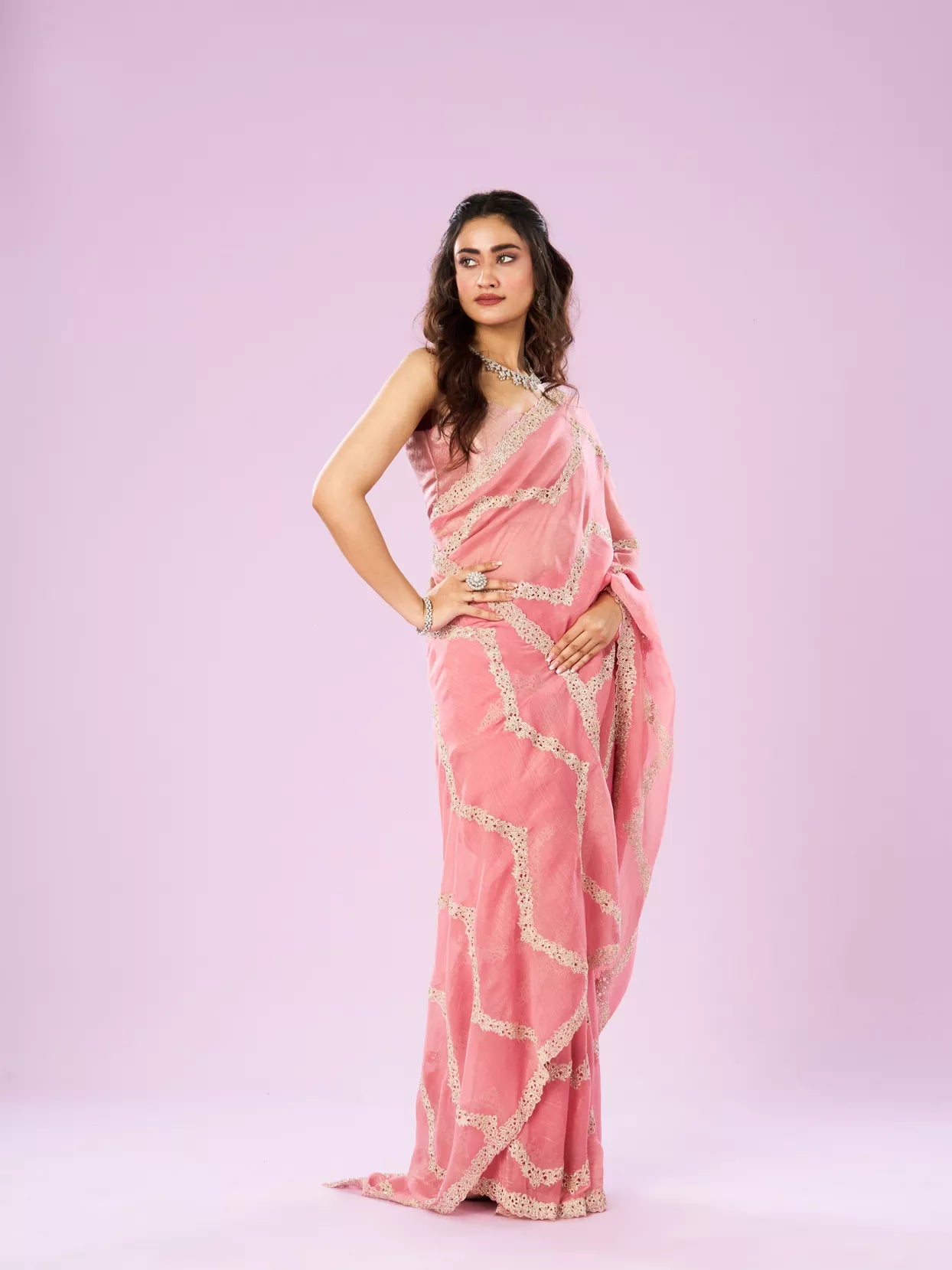 Charming Pink Chinon Saree