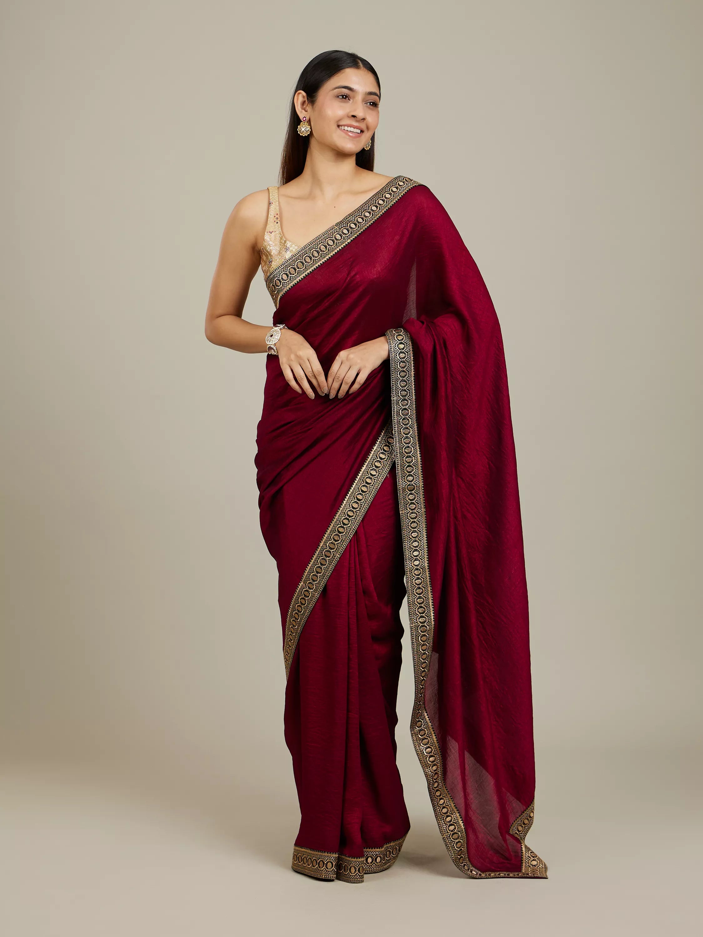 Rose Red Embroidered Border Saree
