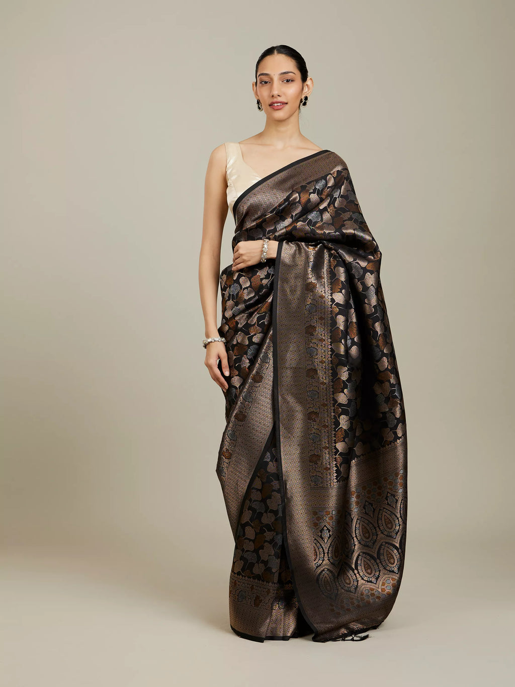 Midnight Black Lotus Leaf Patterned Saree