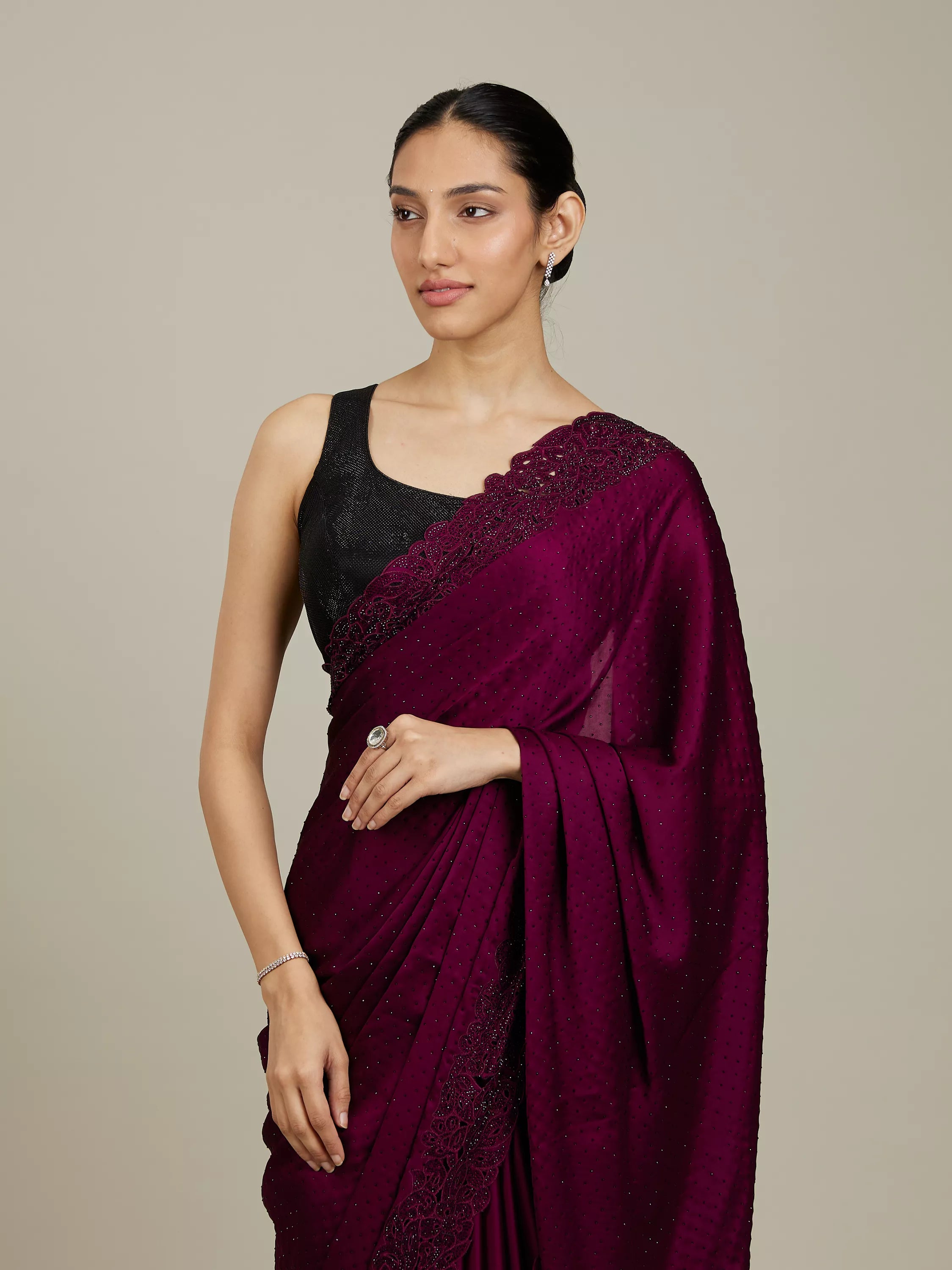 Warm Beige Bel Buti Patterned Stone Work Saree