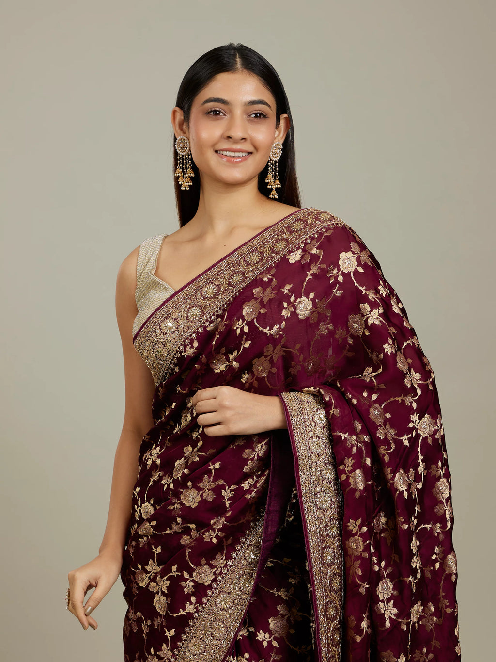 Ruby Red Floral Zari Work Bridal Saree