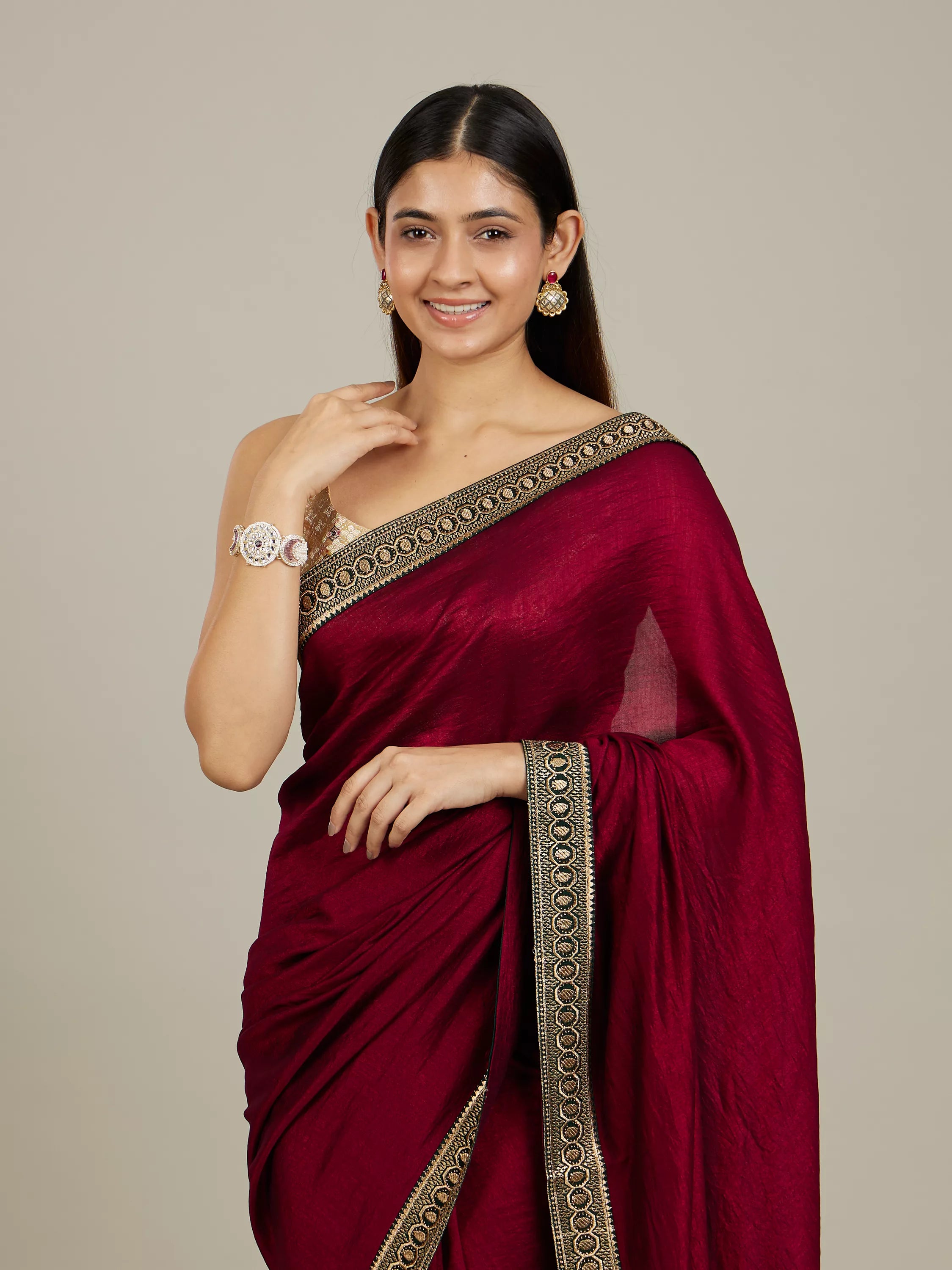 Rose Red Embroidered Border Saree