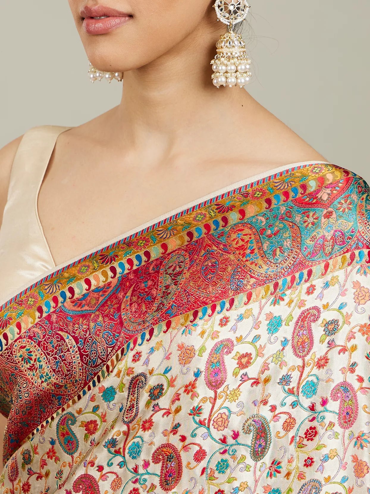 Cream White Floral Jaal Patterned Saree