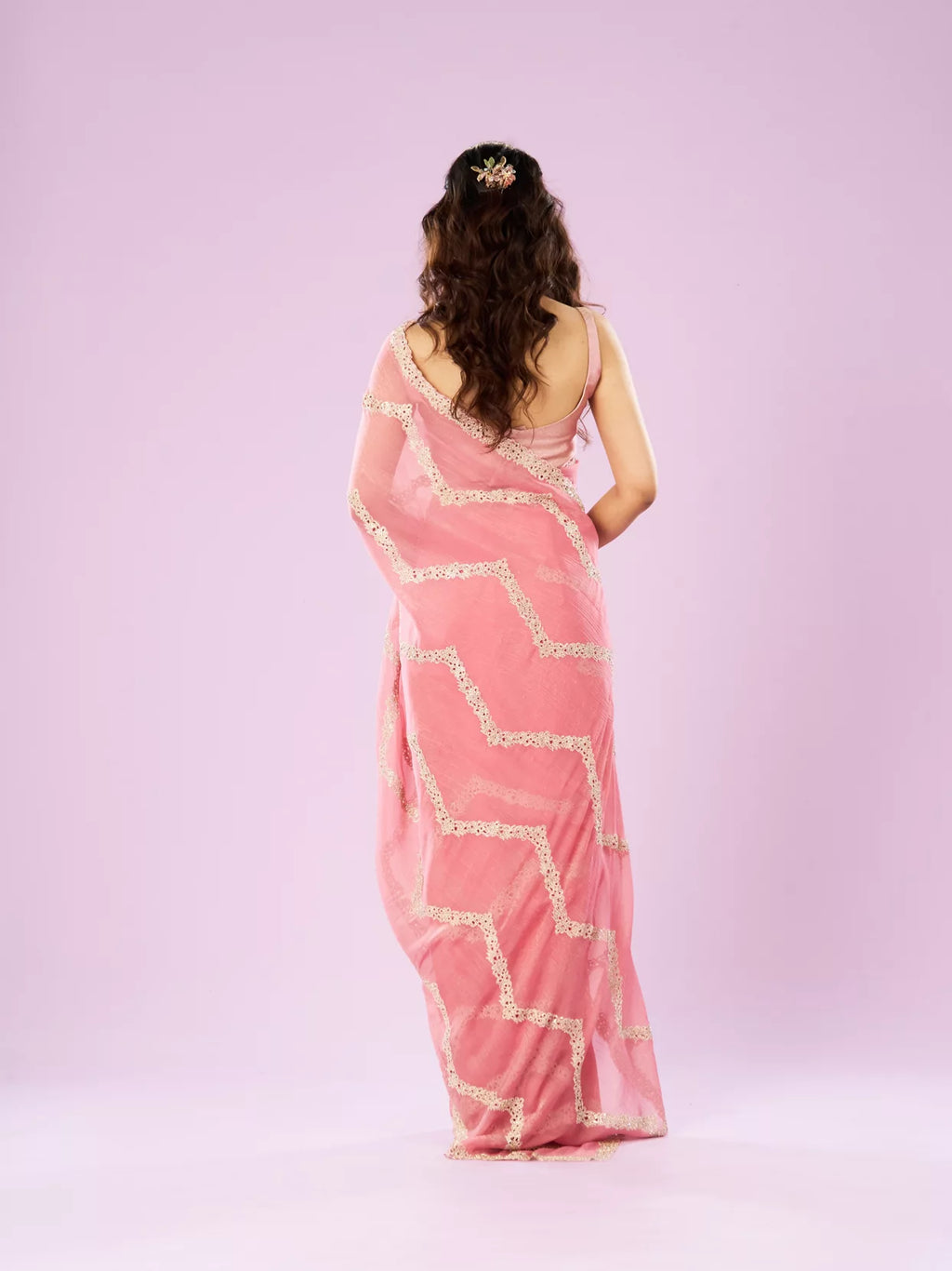 Charming Pink Chinon Saree