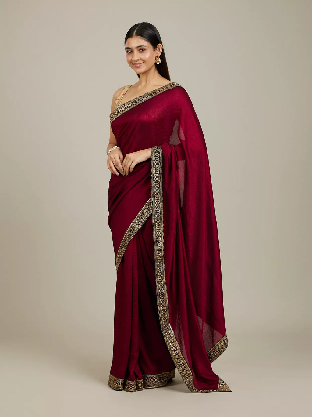 Rose Red Embroidered Border Saree