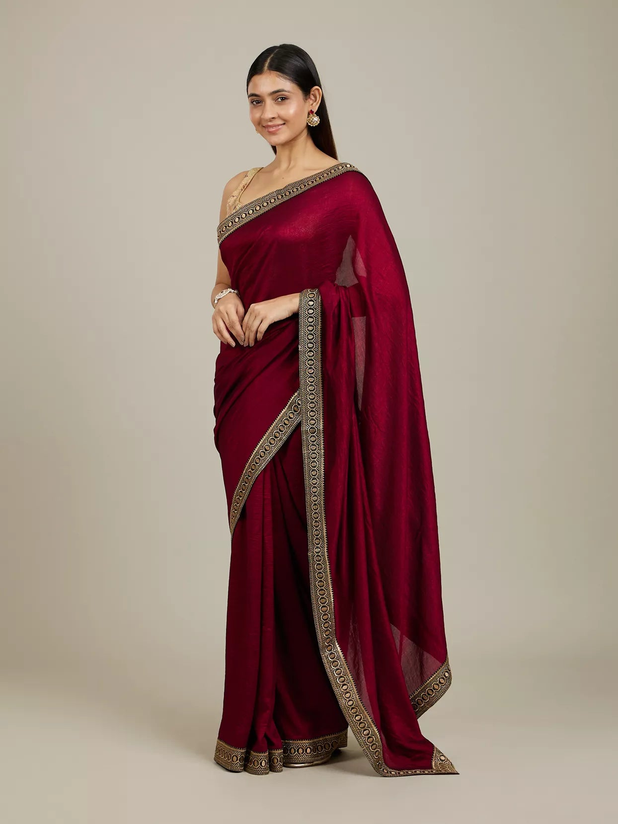 Rose Red Embroidered Border Saree