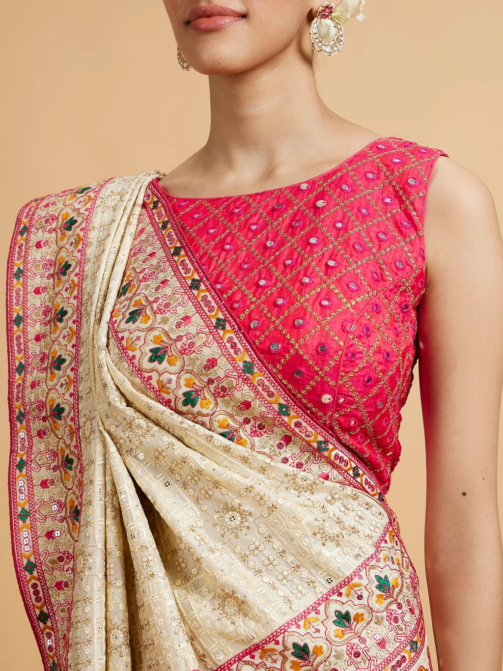 Cream Beige Floral Embroidered Saree