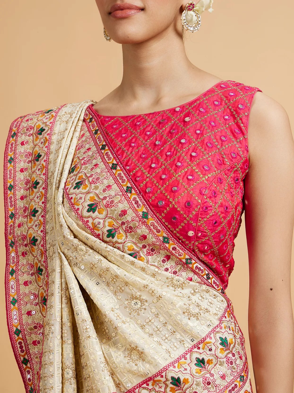 Cream Beige Floral Embroidered Saree