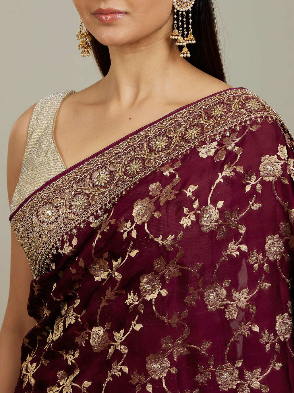 Ruby Red Floral Zari Work Bridal Saree