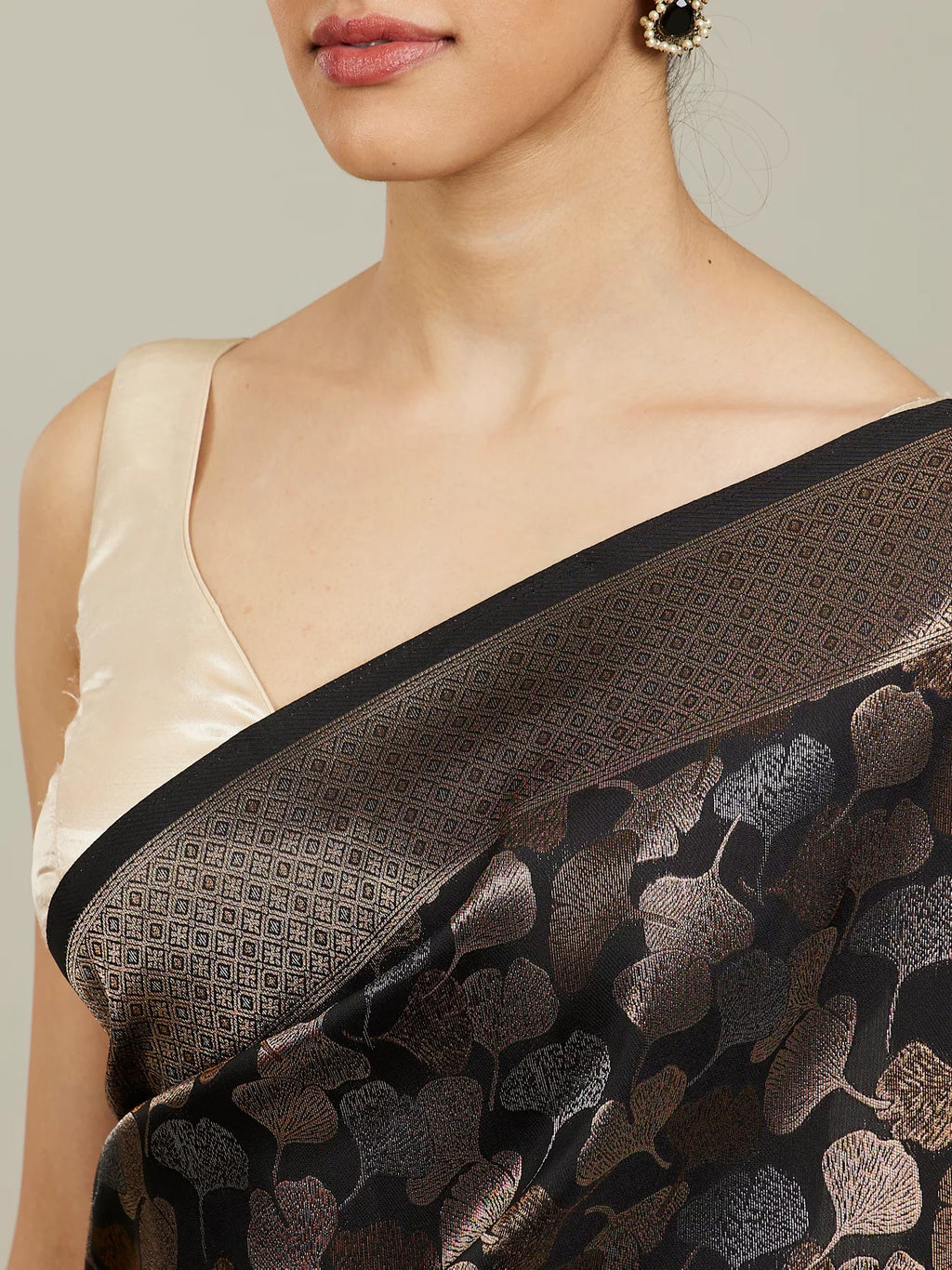 Midnight Black Lotus Leaf Patterned Saree