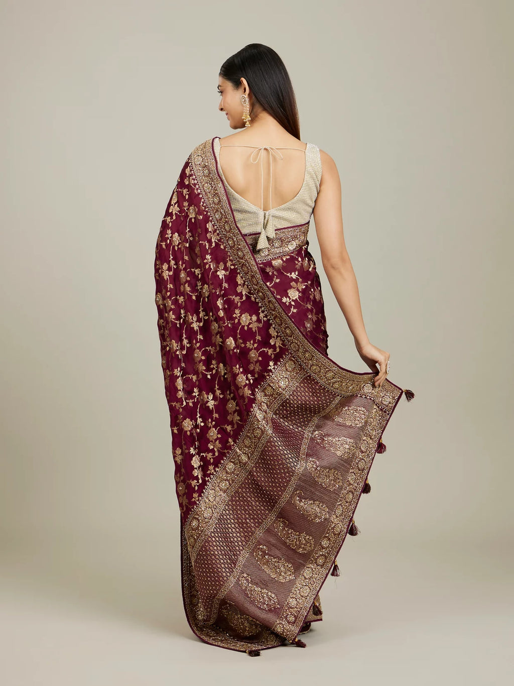 Ruby Red Floral Zari Work Bridal Saree