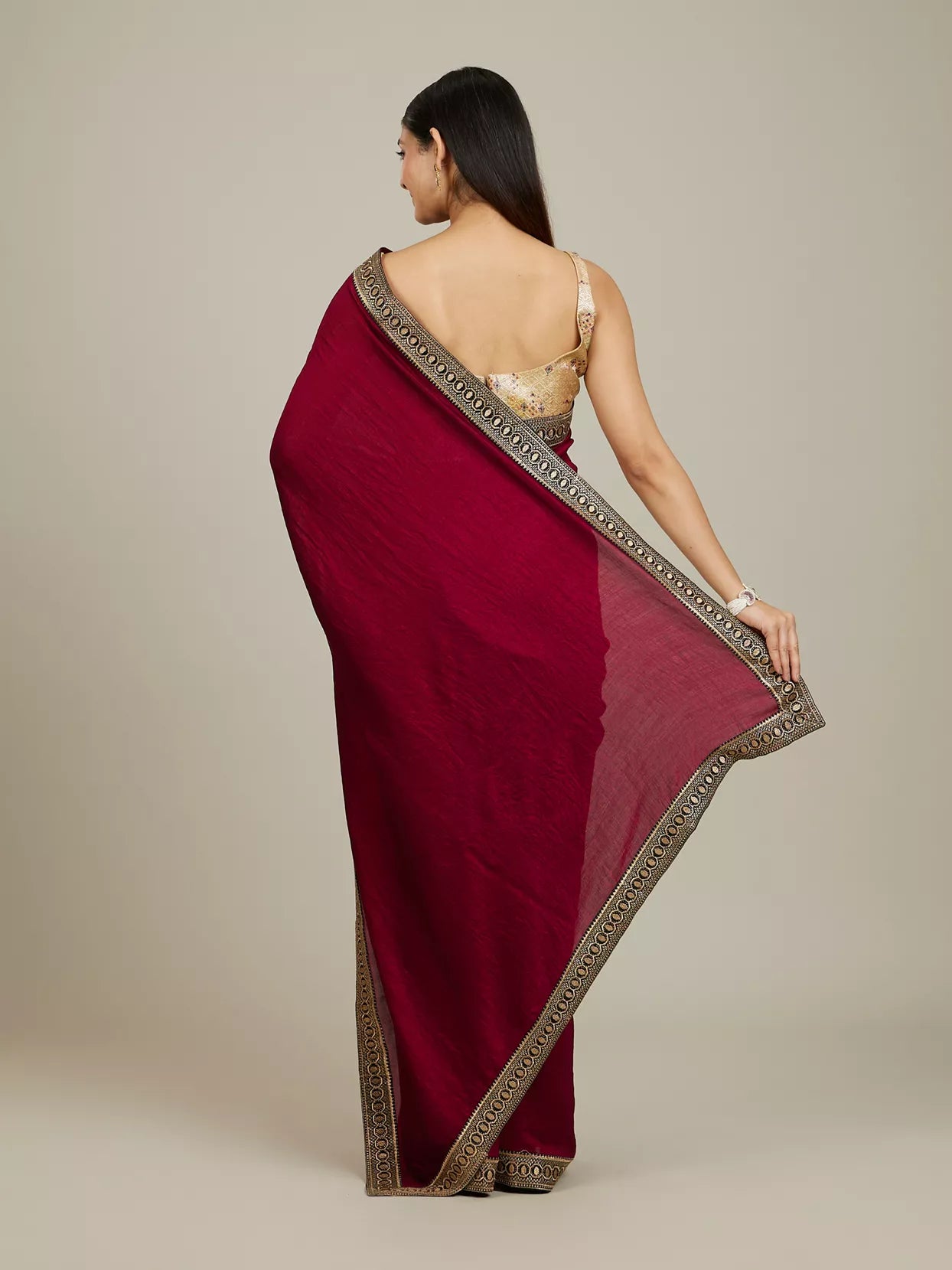 Rose Red Embroidered Border Saree
