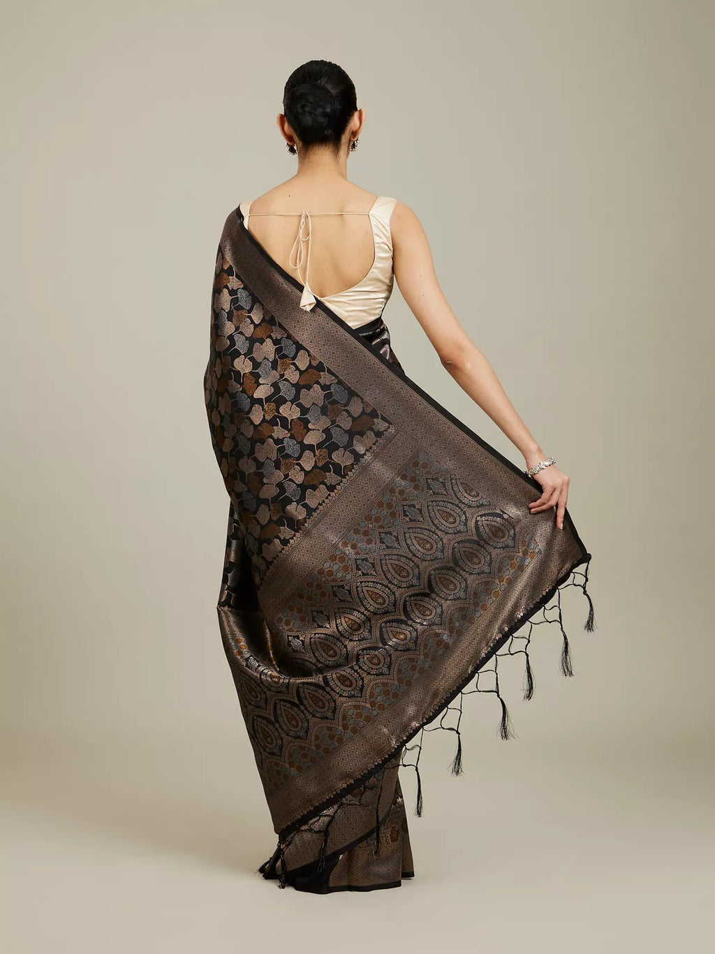 Midnight Black Lotus Leaf Patterned Saree