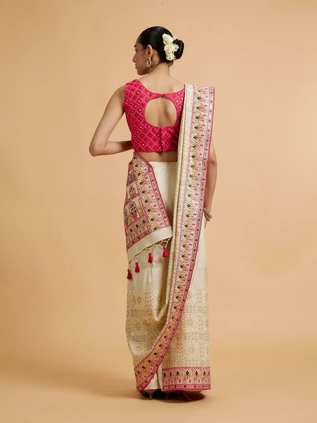 Cream Beige Floral Embroidered Saree