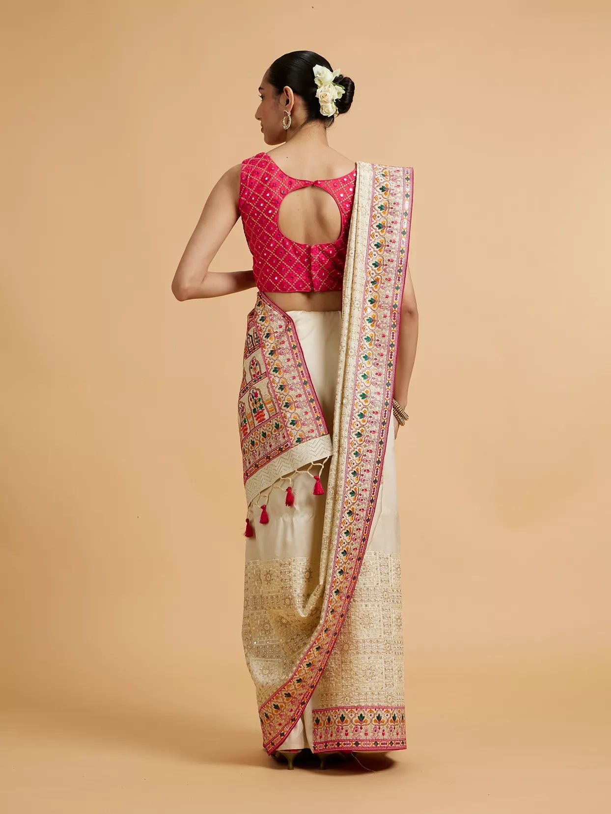 Cream Beige Floral Embroidered Saree