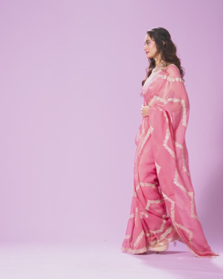 Charming Pink Chinon Saree