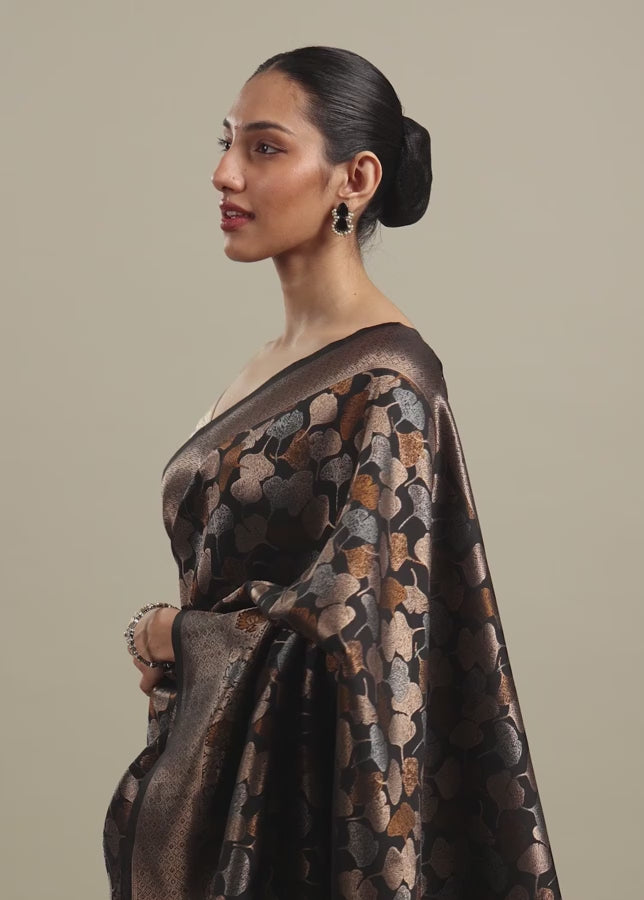 Midnight Black Lotus Leaf Patterned Saree