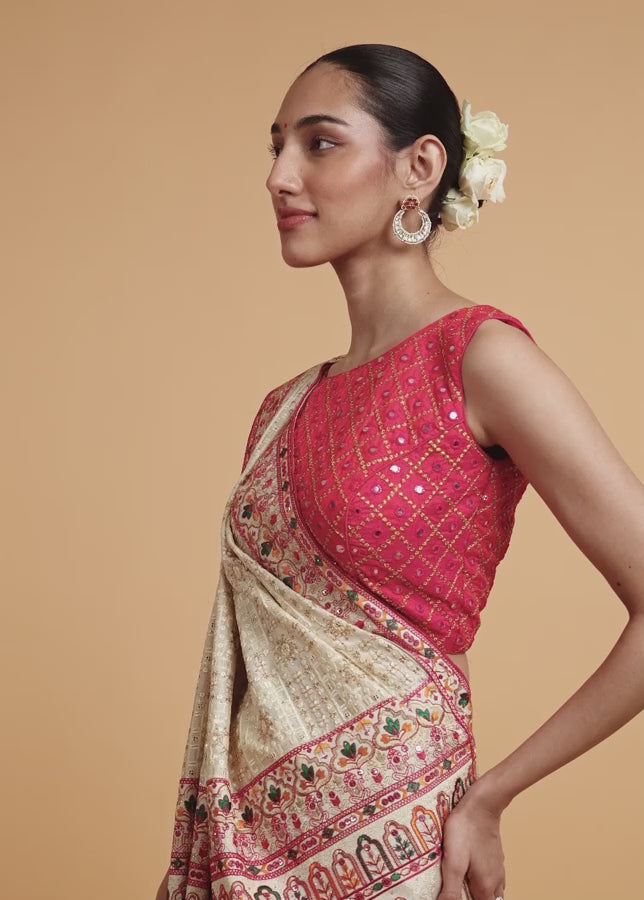 Cream Beige Floral Embroidered Saree