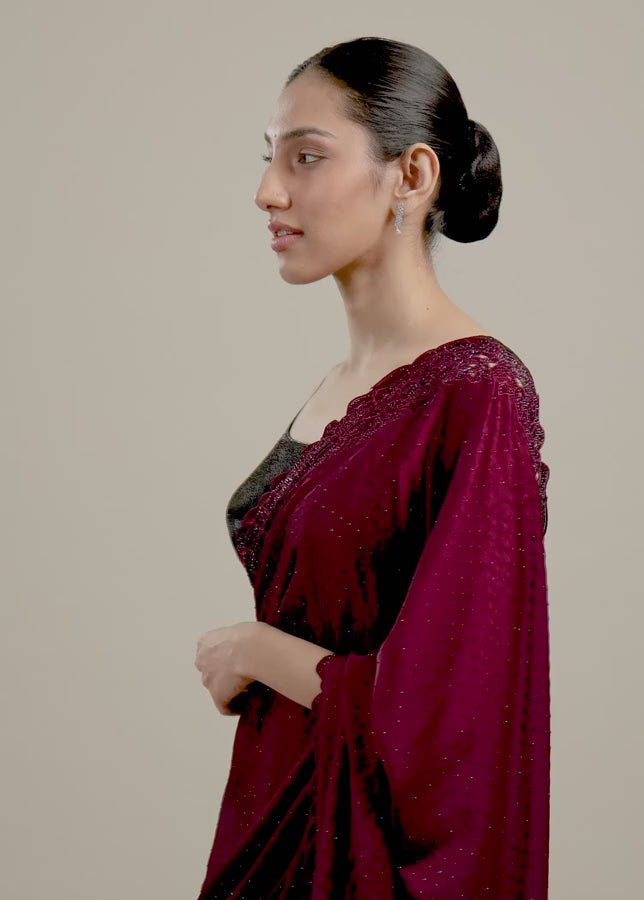 Raspberry Wine Floral Patterned Stone Work Saree