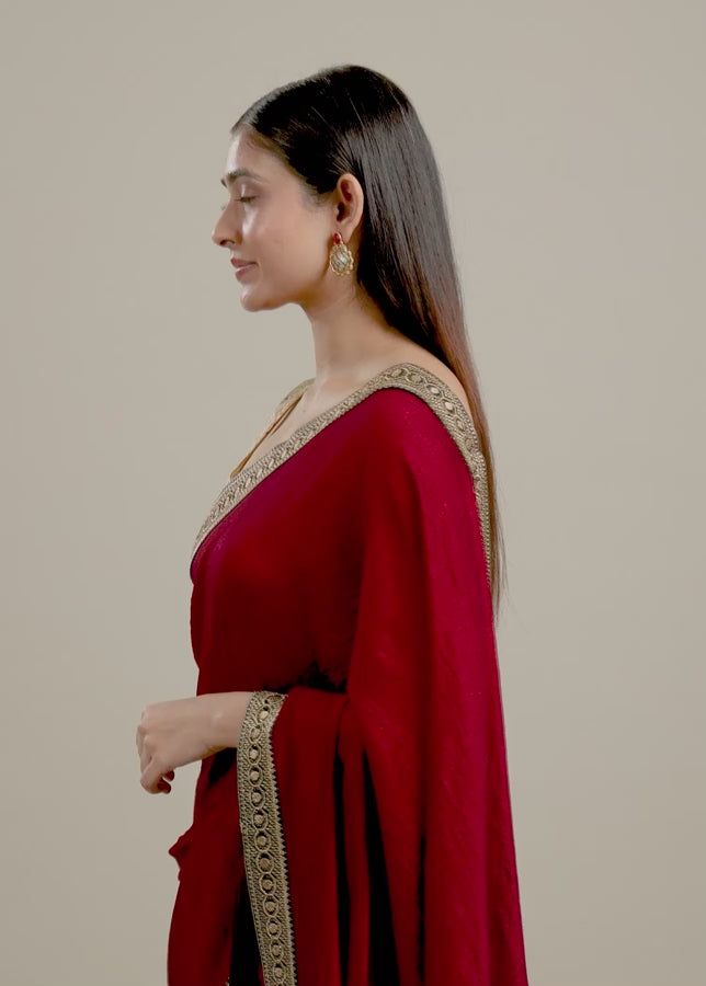 Rose Red Embroidered Border Saree